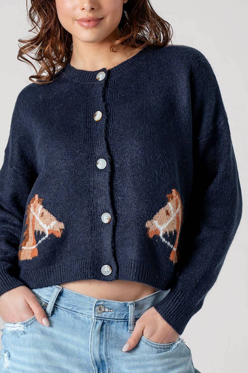 Western Horse Graphic Button Front Cropped Cardigan Sweater