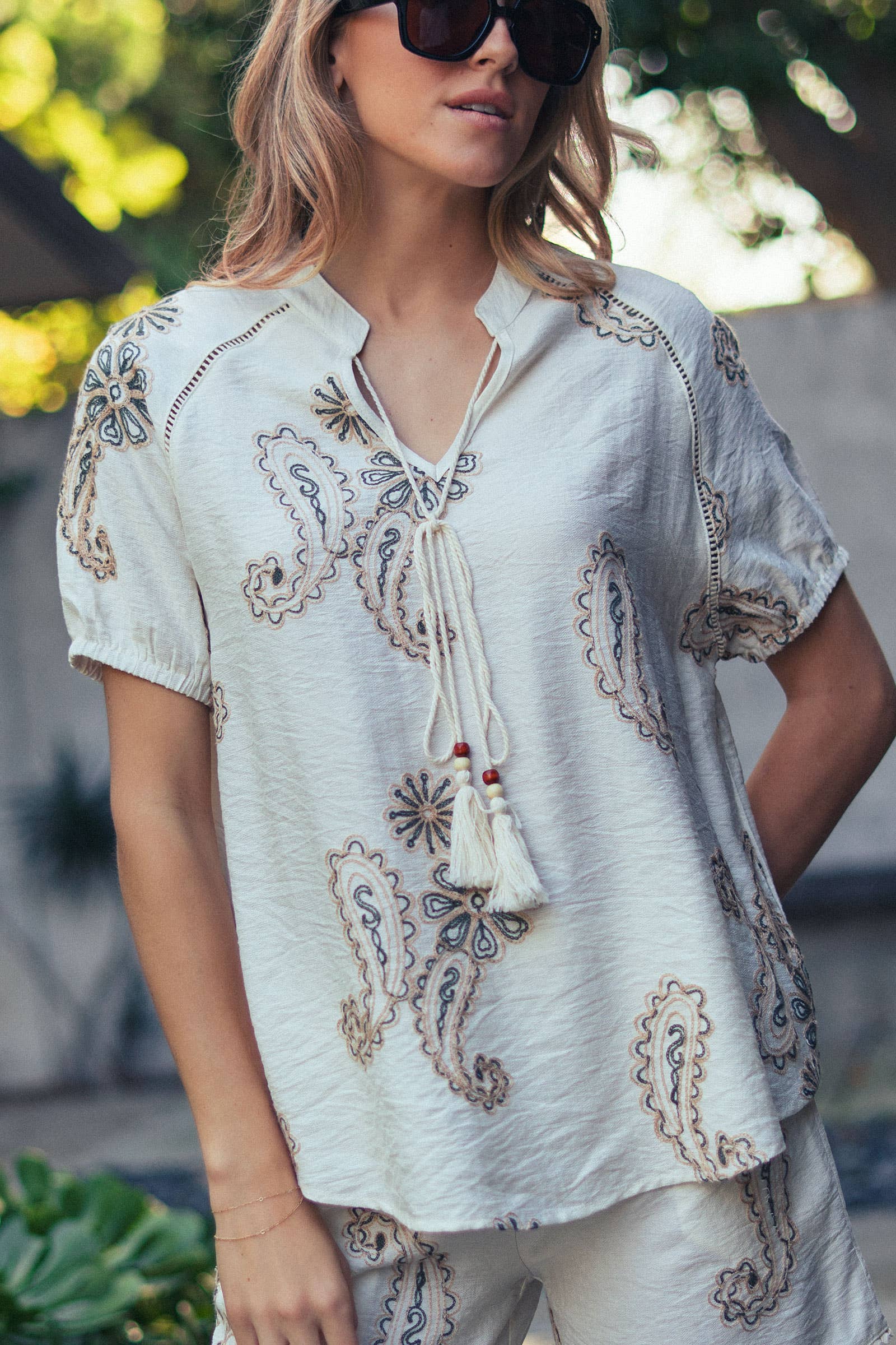 Paisley Embroidered Linen Blend Tassel Top