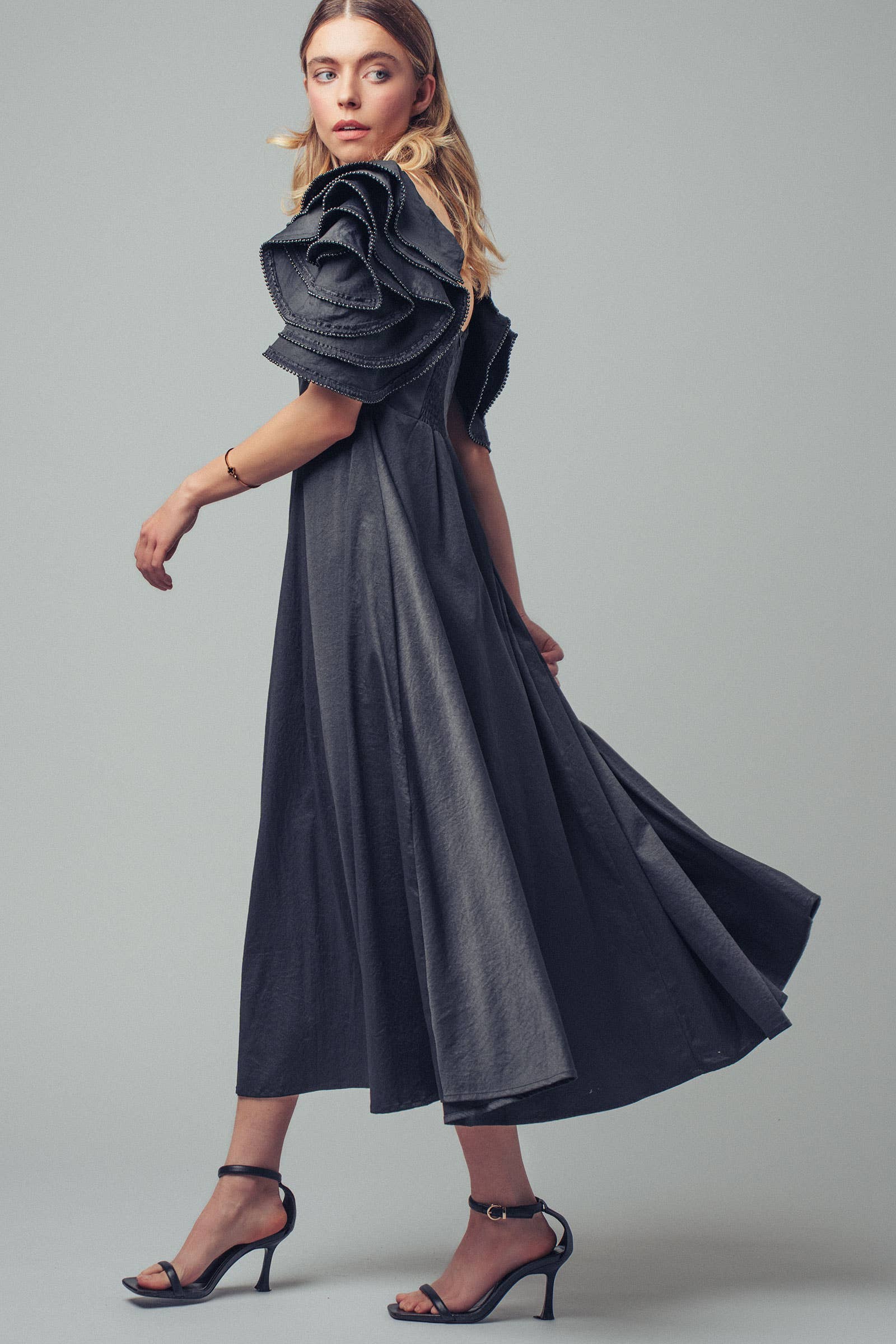 Tiered Ruffle Sleeve Smocked Midi Dress