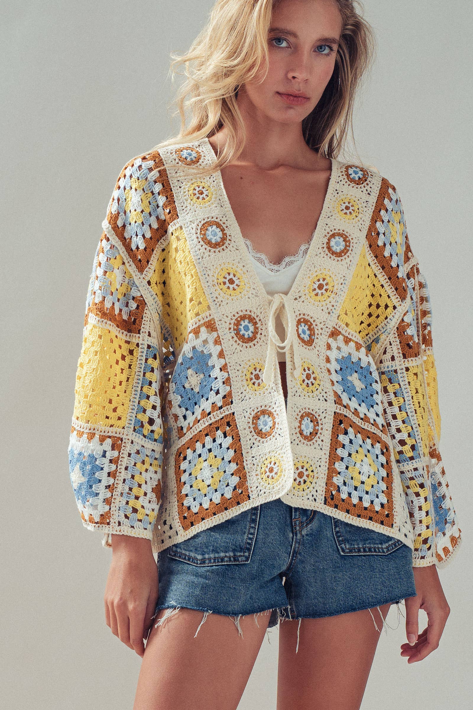 Granny Square Crochet Tie-Front Cardigan