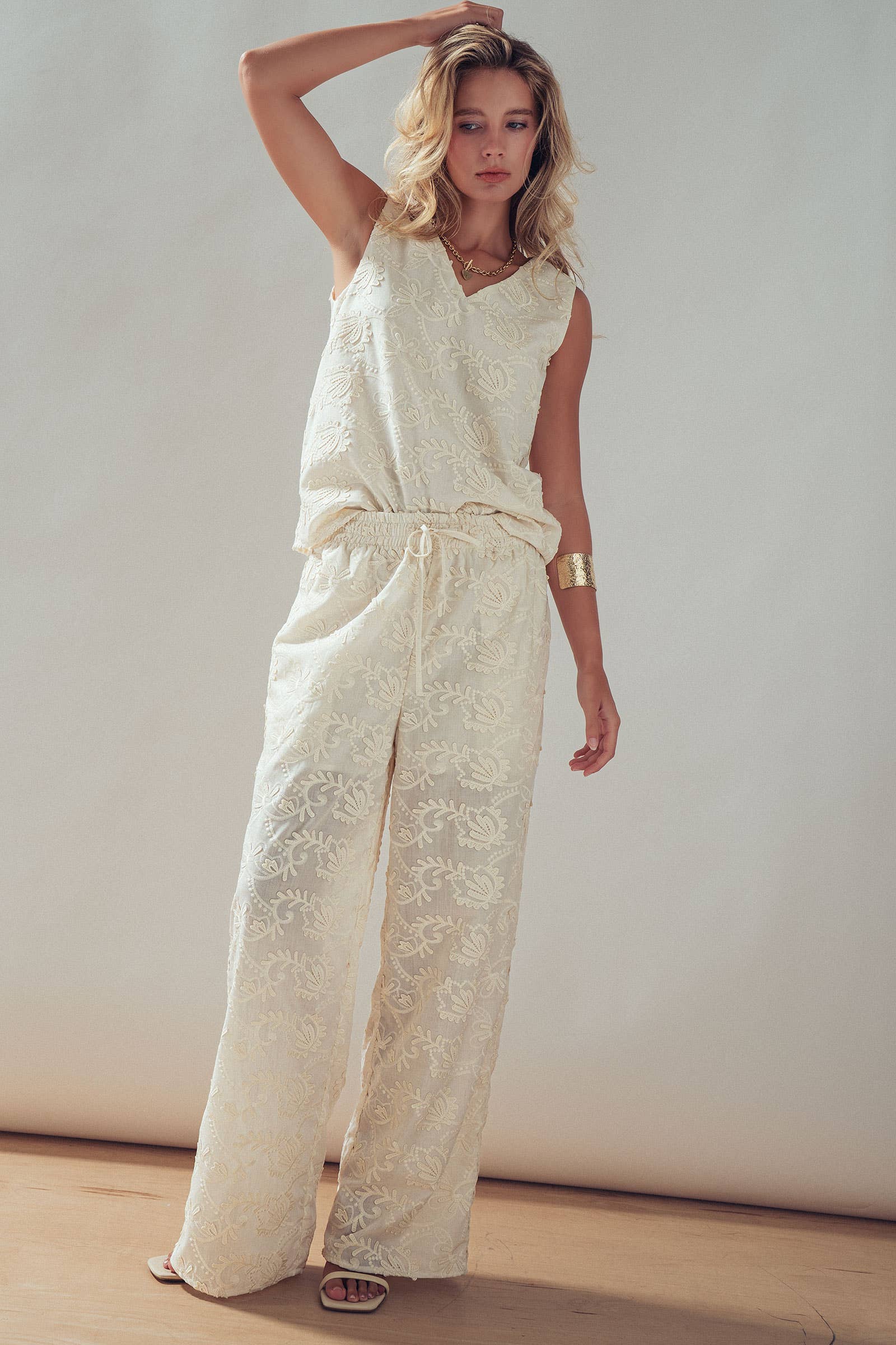 Floral Embroidered Cotton Top And Pant Set