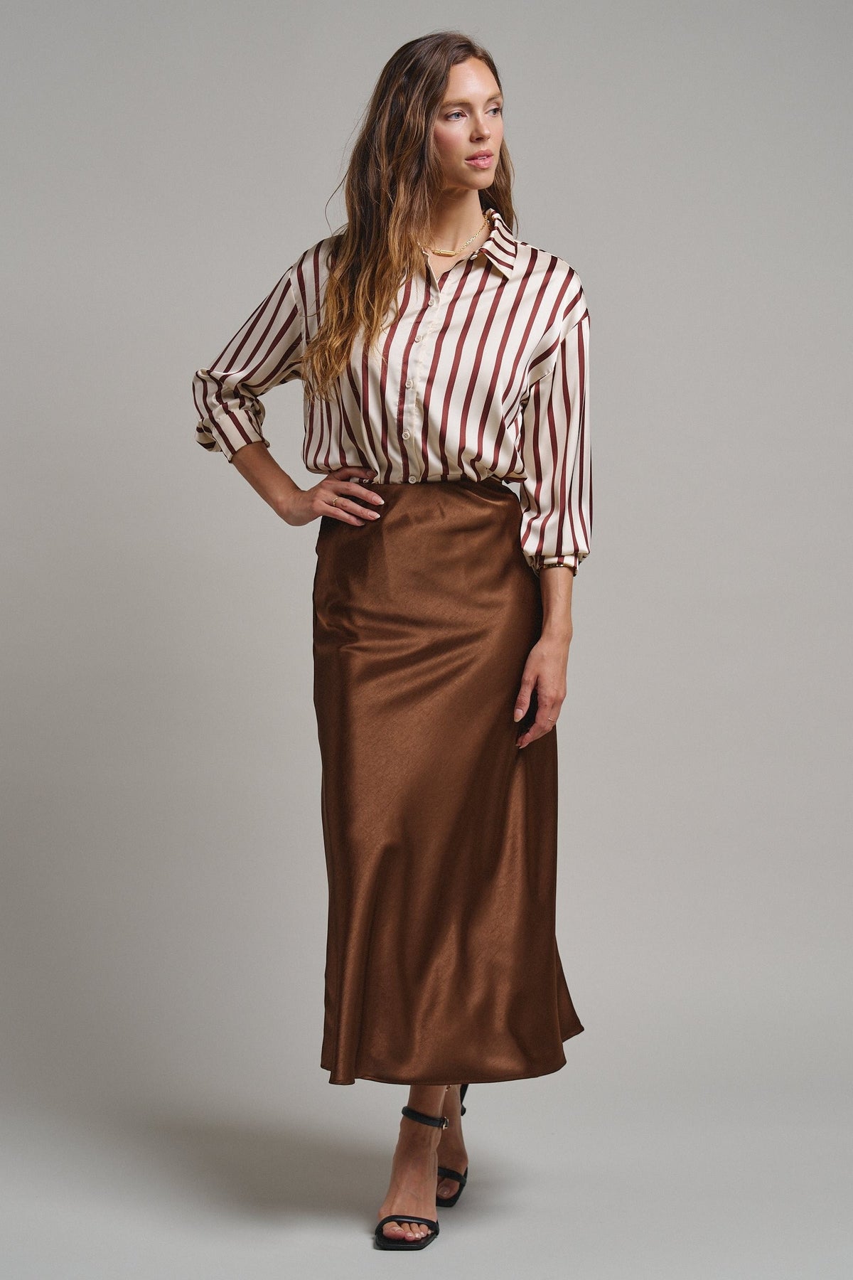 Bias Cut Satin Maxi Skirt with Fluid Drape in BROWN - Women's Midi Skirts | Urban Daizy