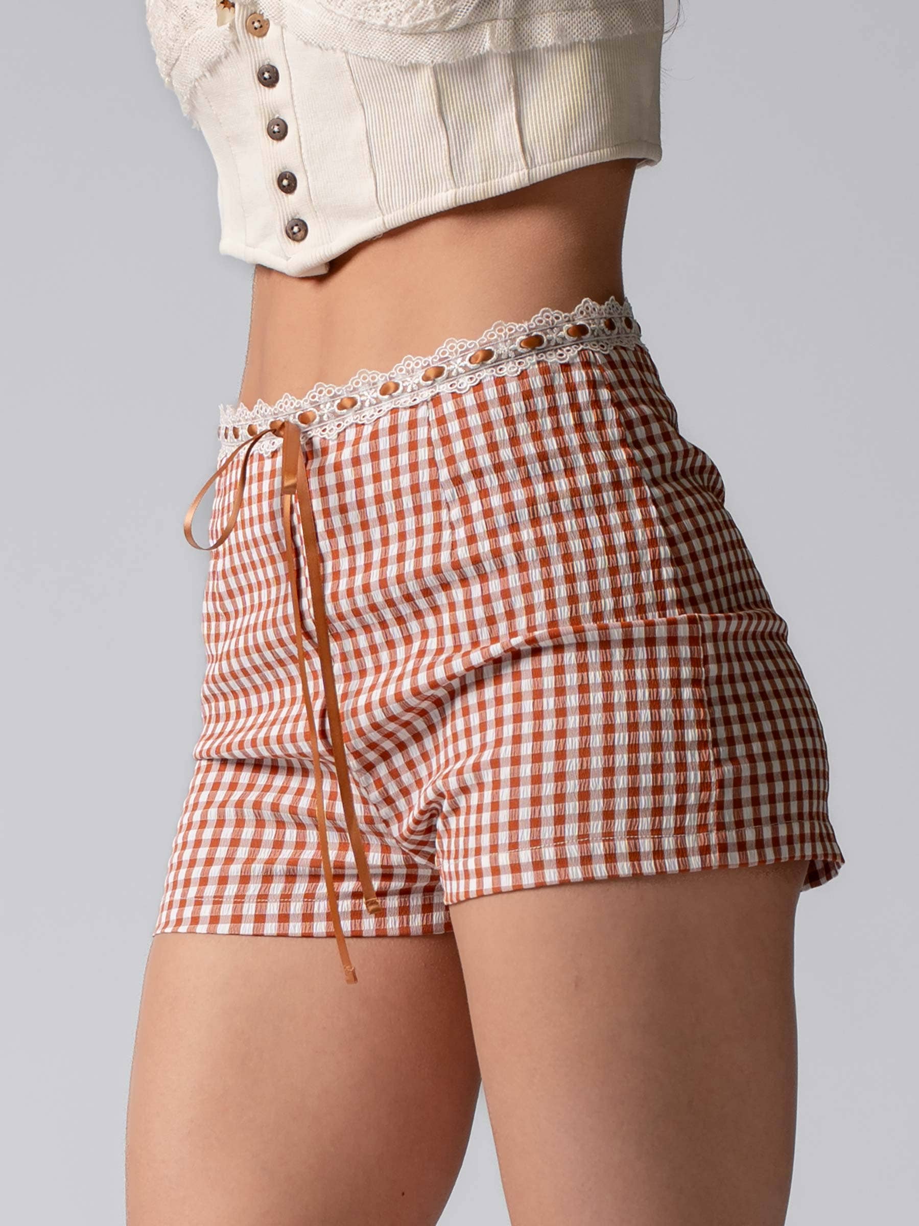 Urban Daizy Gingham Scallop Trim Shorts Brown Shorts - Women's (UDZ-PT-00474) – alternate view 10