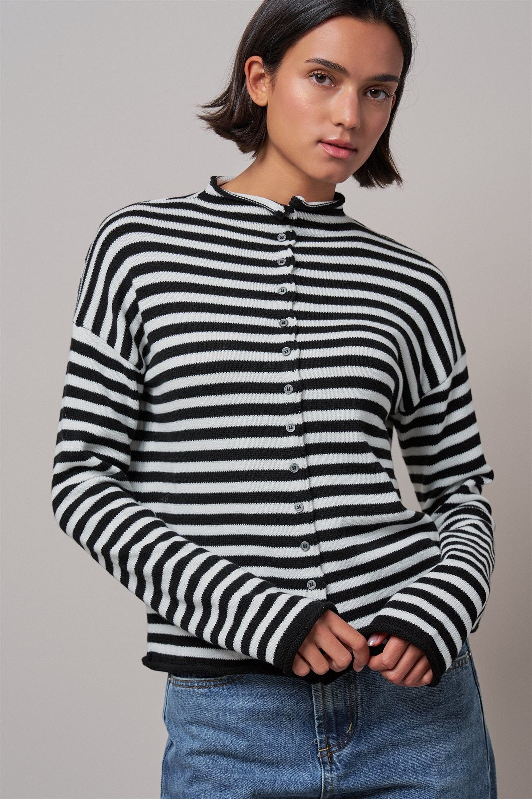 Striped Polo Collar Button Sweater with Rolled Edges in IVORY BLACK - Women's Cardigans & Shrugs | Urban Daizy