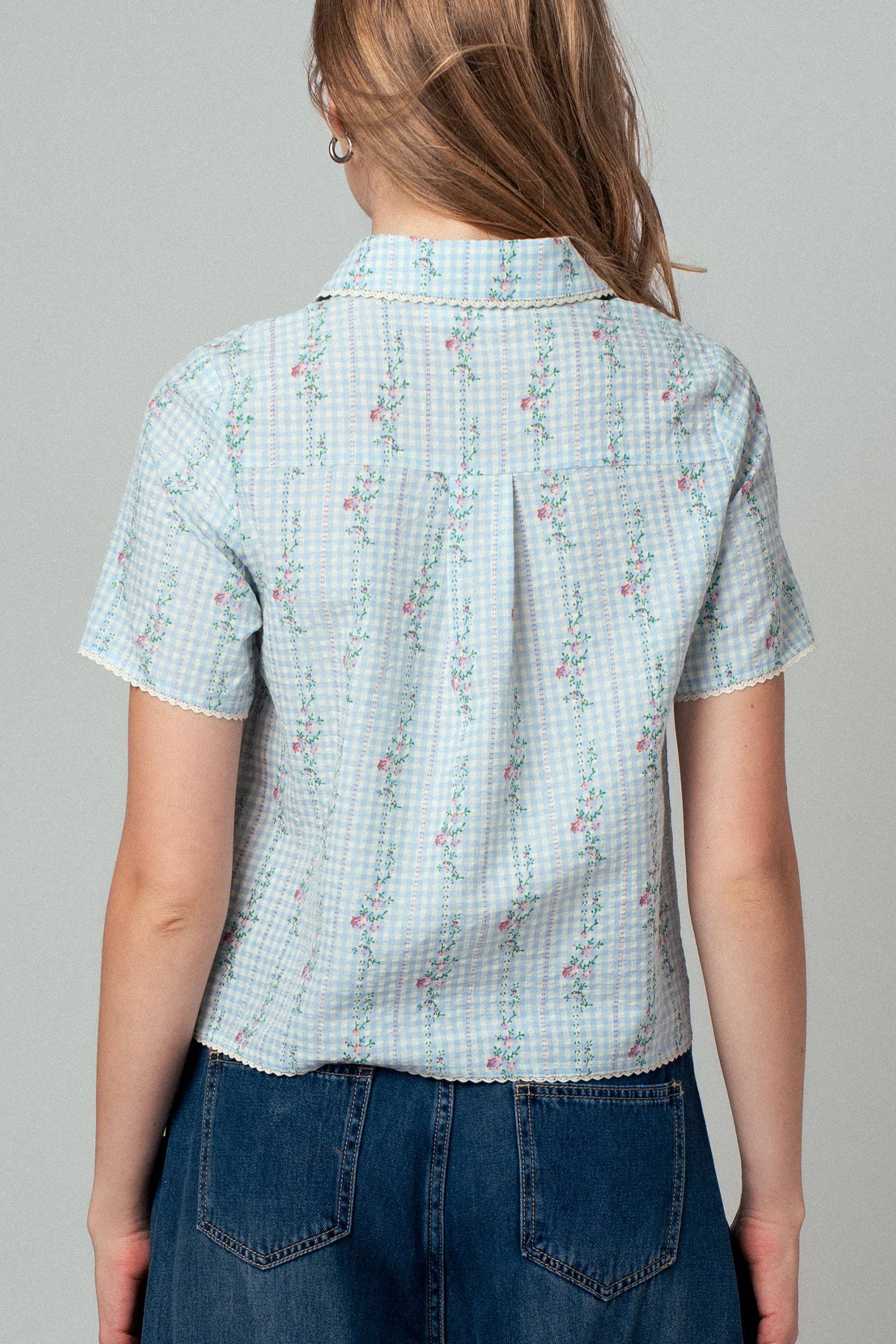 Gingham Floral Lace Trim Peter Pan Collar Shirt