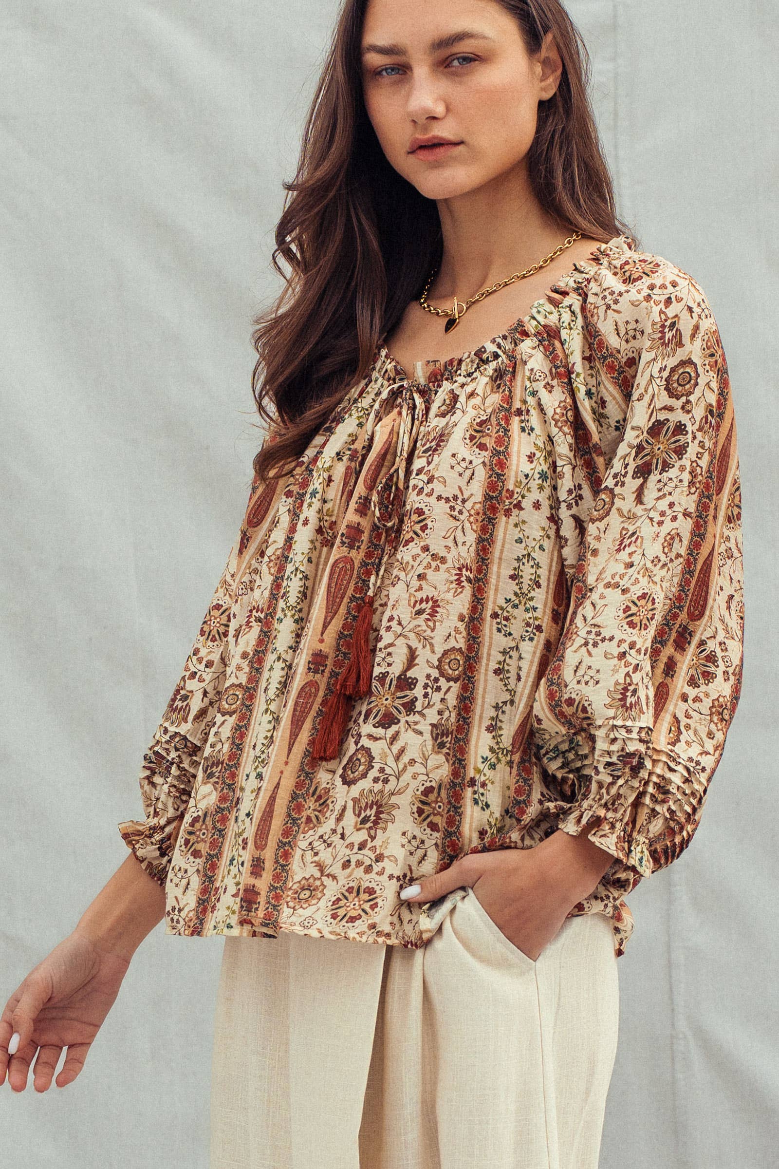 Urban Daizy Boho Off-Shoulder Floral Stripe Blouse Brown-Multi Blouse - Women's (UDZ-TP-01030) – alternate view 12