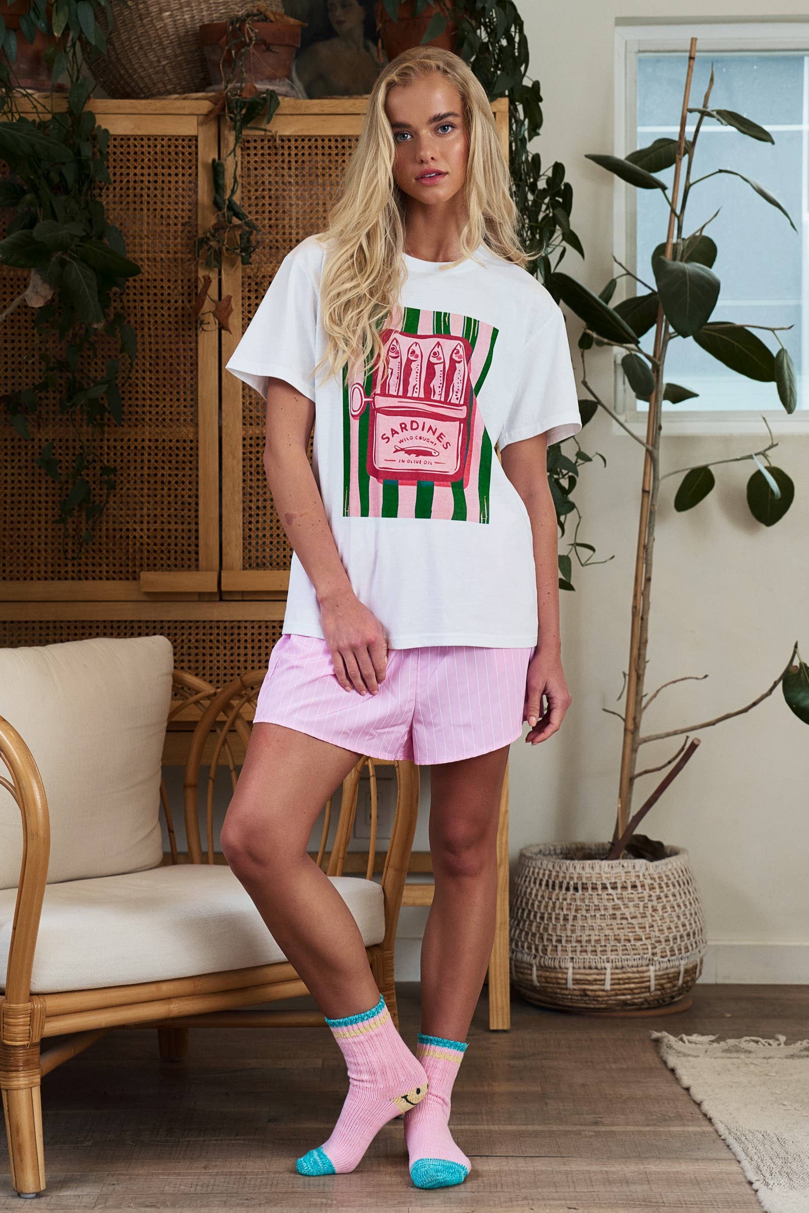 Sardine Graphic Tee and Striped Shorts Set