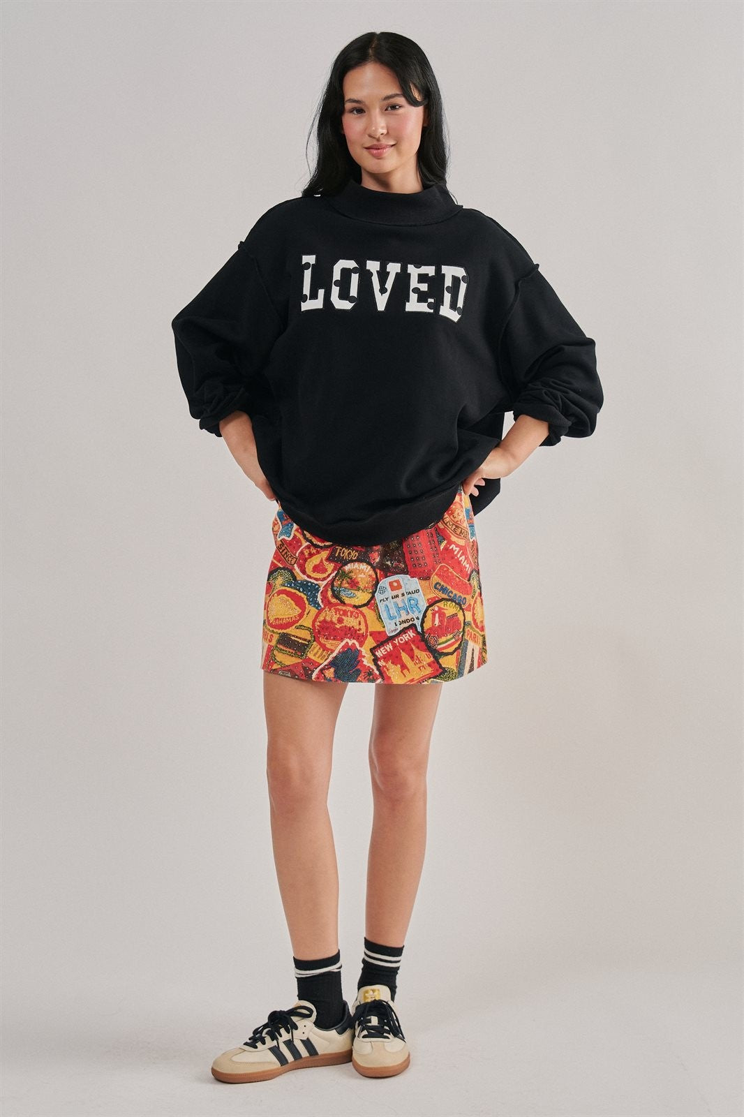LOVED Varsity Patch Mock Neck Sweatshirt with Exposed Seams in BLACK - Women's Sweatshirts & Hoodies | Urban Daizy