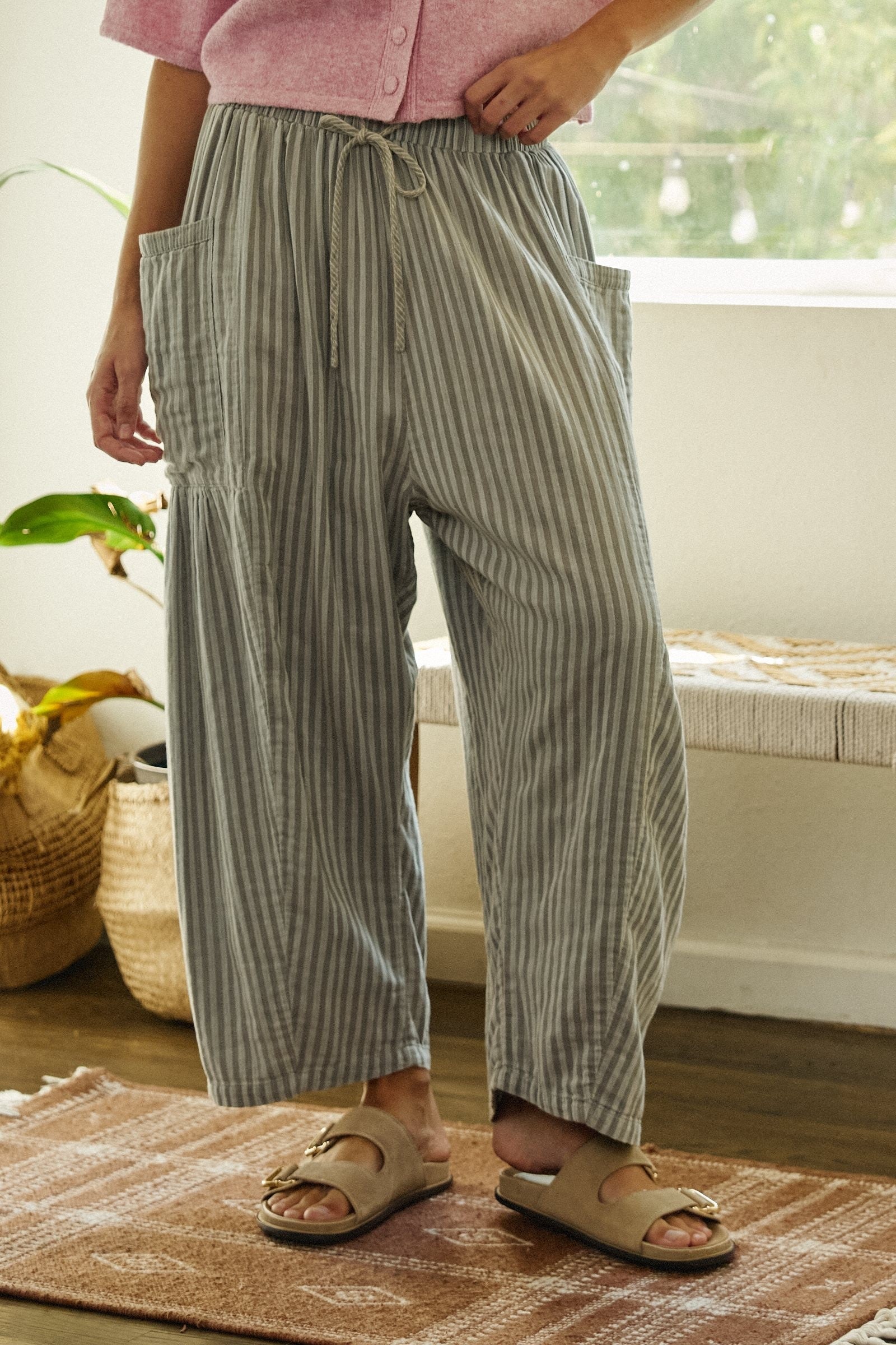 Striped Wide Leg Cotton Pants with Pockets in GREY - Women's Casual Pants | Urban Daizy
