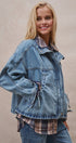 Vintage Washed Drawstring Denim Jacket with Stand Collar in DENIM - Women's Denim Jackets | Urban Daizy