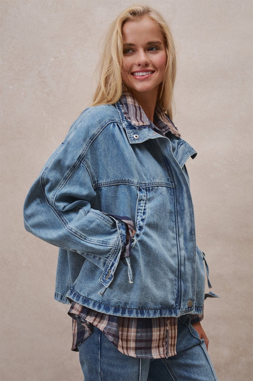 Vintage Washed Drawstring Denim Jacket with Stand Collar in DENIM - Women's Denim Jackets | Urban Daizy