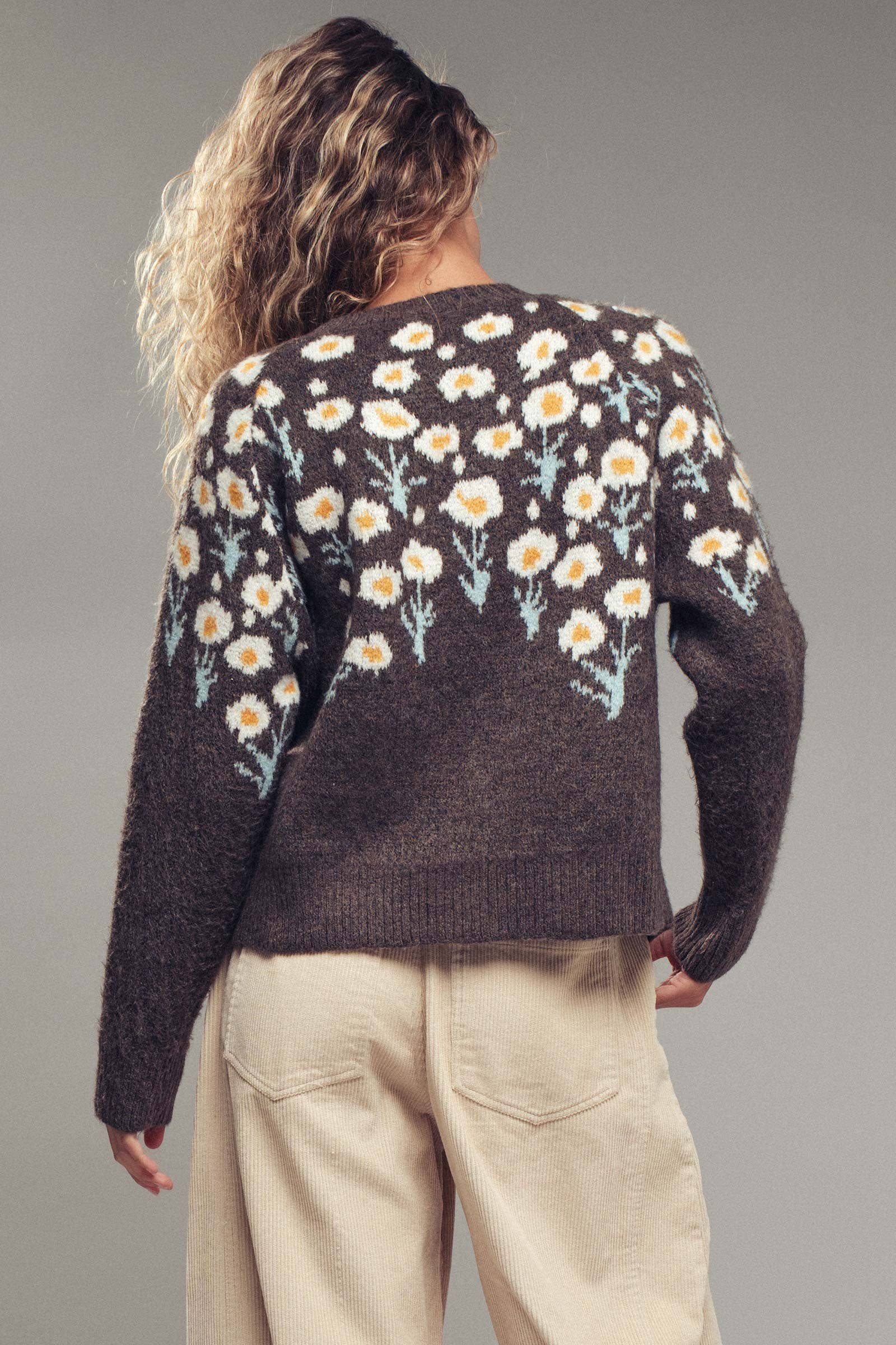 Urban Daizy Daisy Embossed 3D Floral Knit Sweater Brown Knit Sweater - Women's (UDZ-KN-00653) – alternate view 5