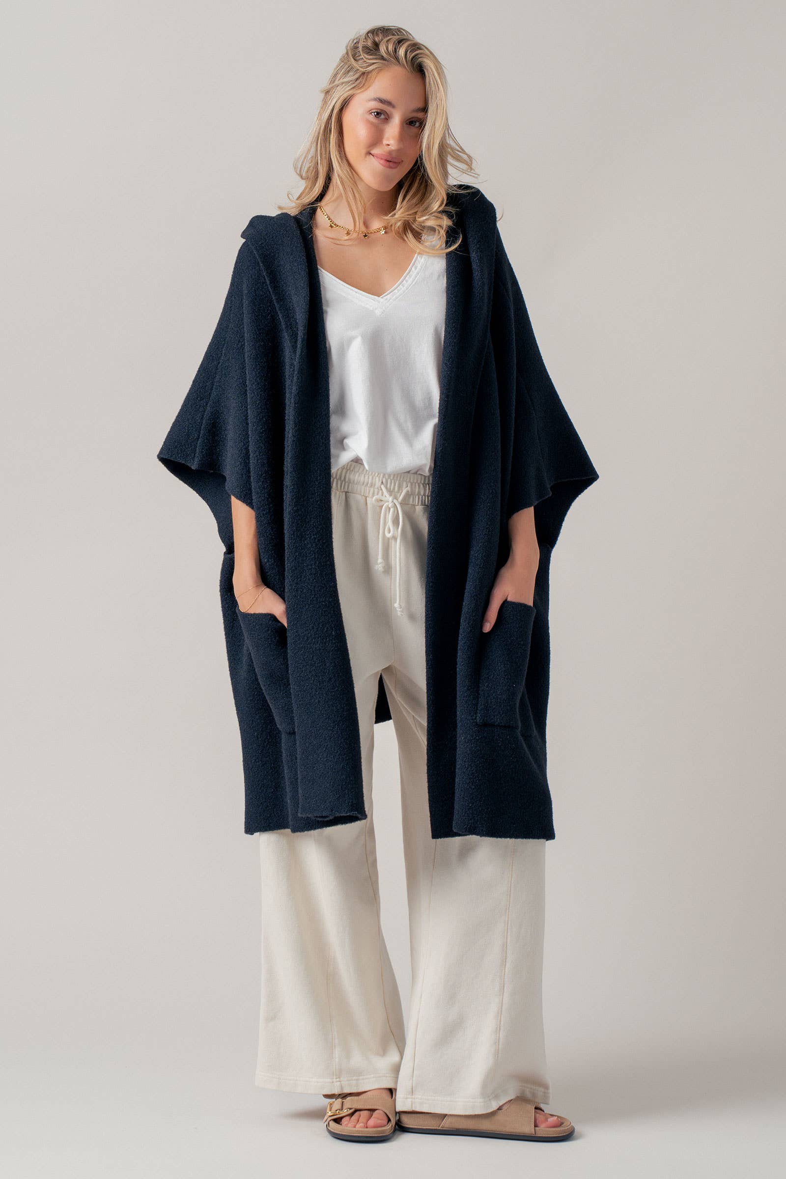 Oversized Cozy Hooded Open Front Knit Poncho