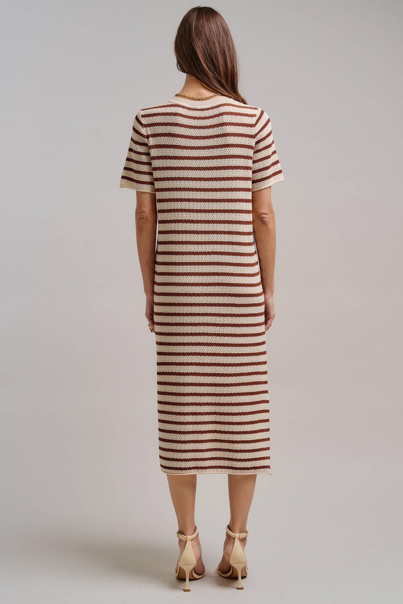 Striped Crochet Knit Short Sleeve Midi Dress