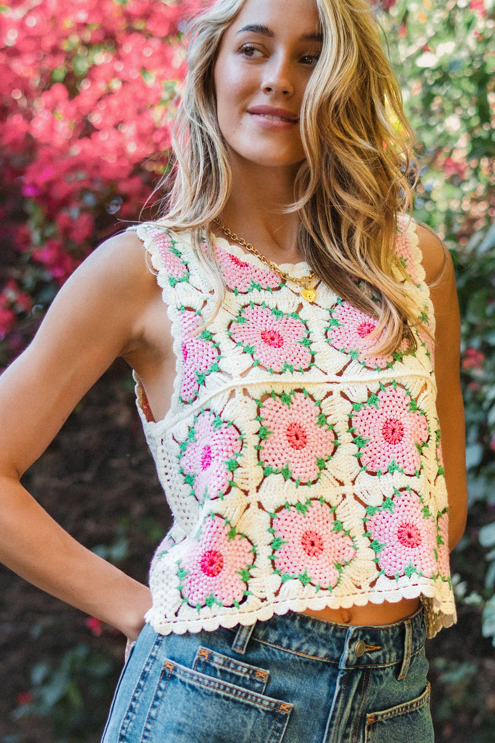 Urban Daizy Floral Crochet Tank Top Ivory-Pink Tank Top - Women's (UDZ-TP-01037)