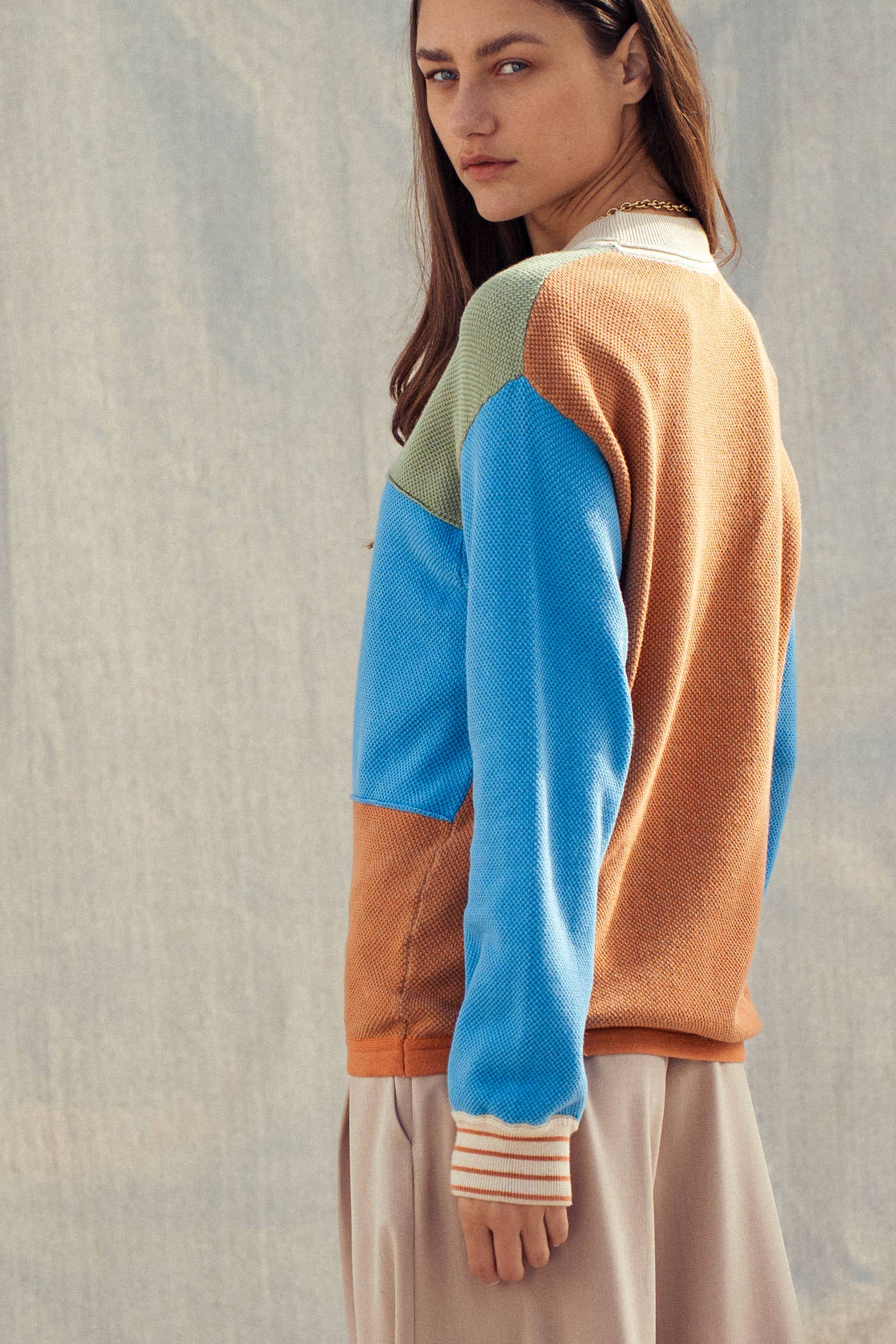 Urban Daizy Striped Cuff Colorblock Crewneck Sweater Rust-Multi Knit Sweater - Women's (UDZ-KN-00957) – alternate view 5