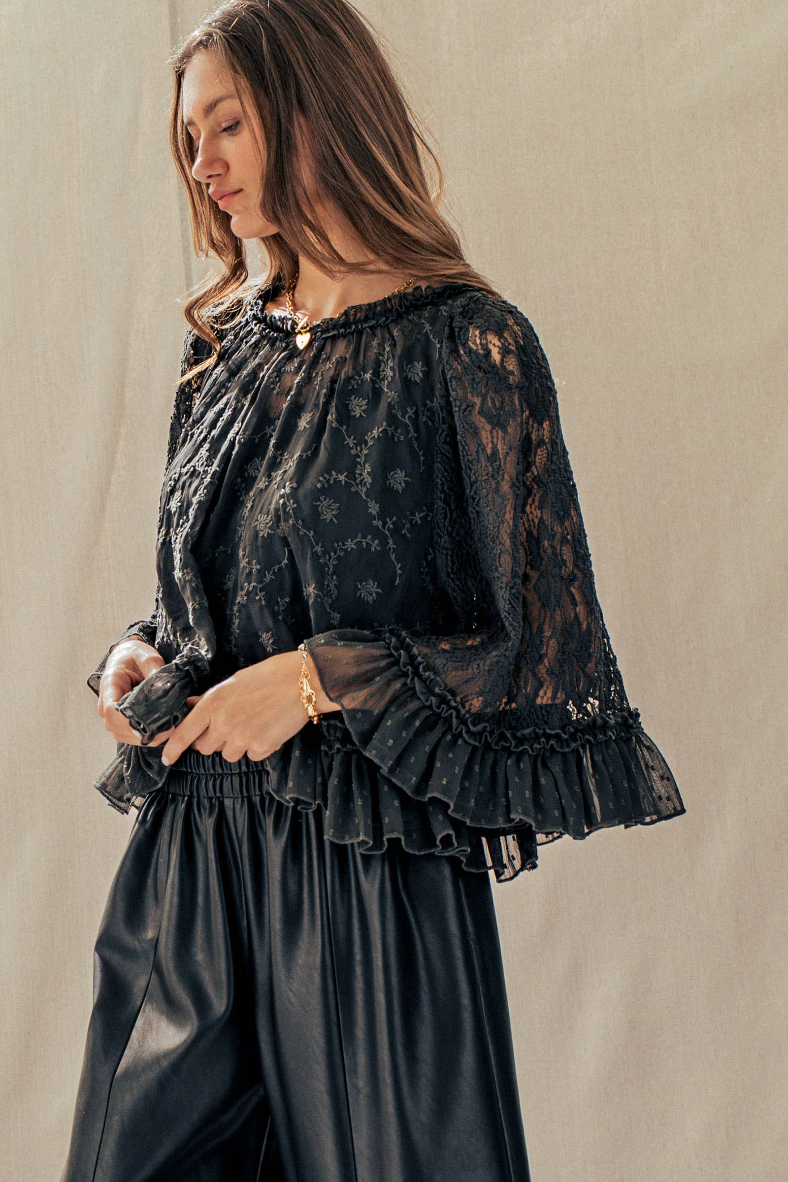 Swiss Dot Lace Top Ruffle Flutter Sleeve