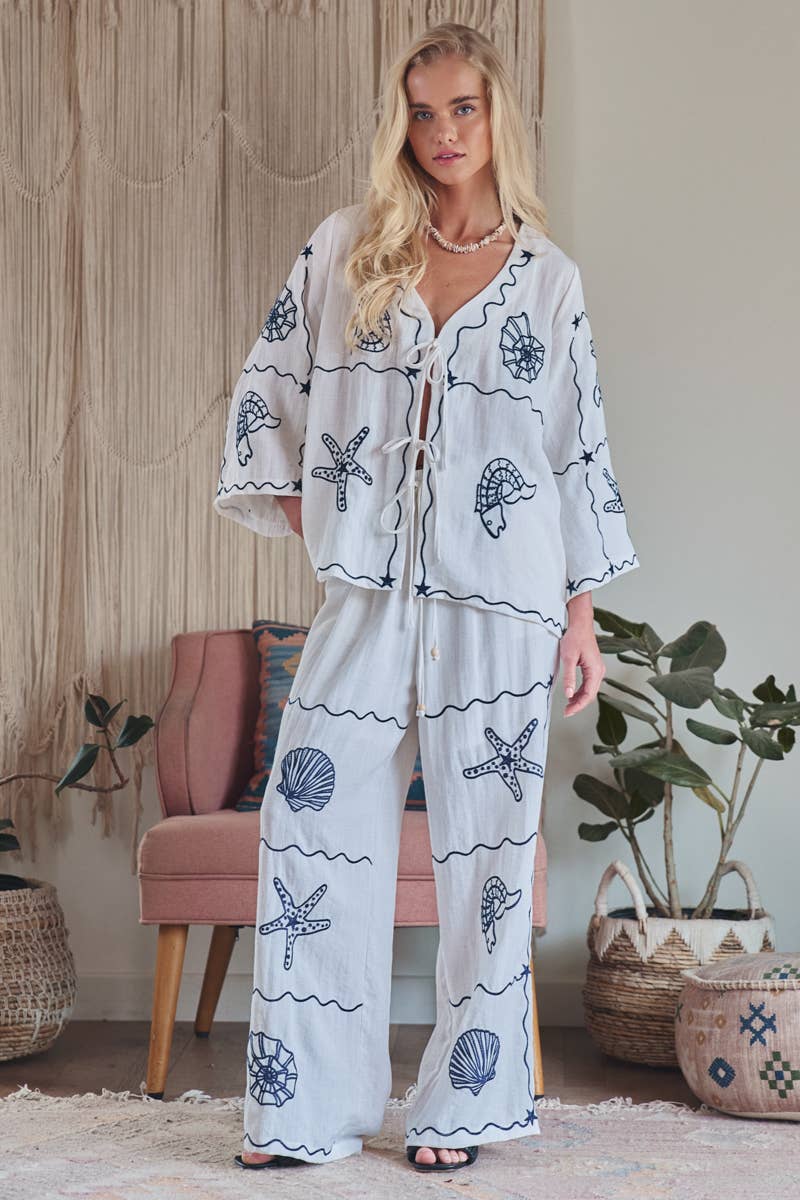 Nautical Shell Embroidered Tie-Front Top