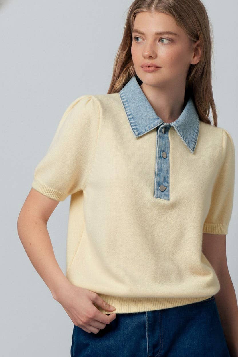 Urban Daizy Contrast Denim Collar Knit Sweater Top Ivory-Blue Knit Sweater - Women's (UDZ-OT-00168) – alternate view 17