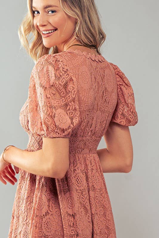 Scalloped Lace Button Front Midi Dress