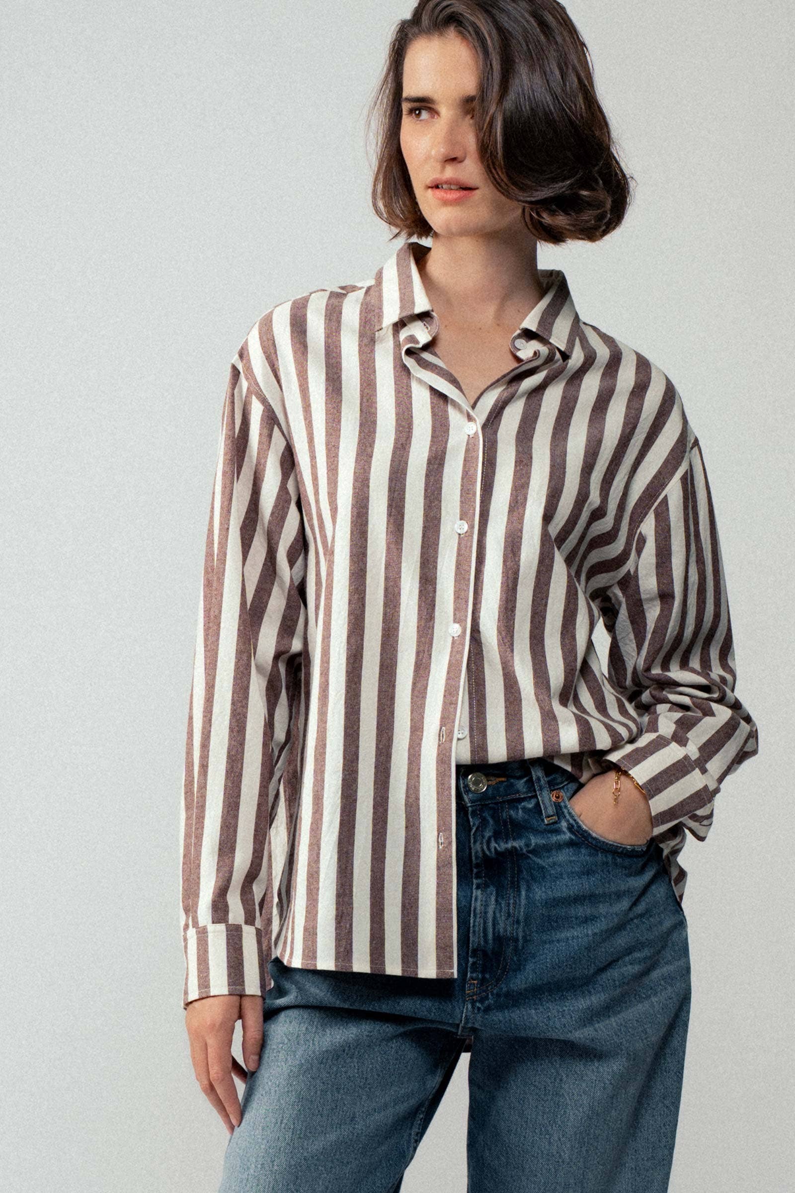 Urban Daizy Oversized Stripe Button Down Collared Shirt Blue Button Down Shirt - Women's (UDZ-TP-00759) – alternate view 12