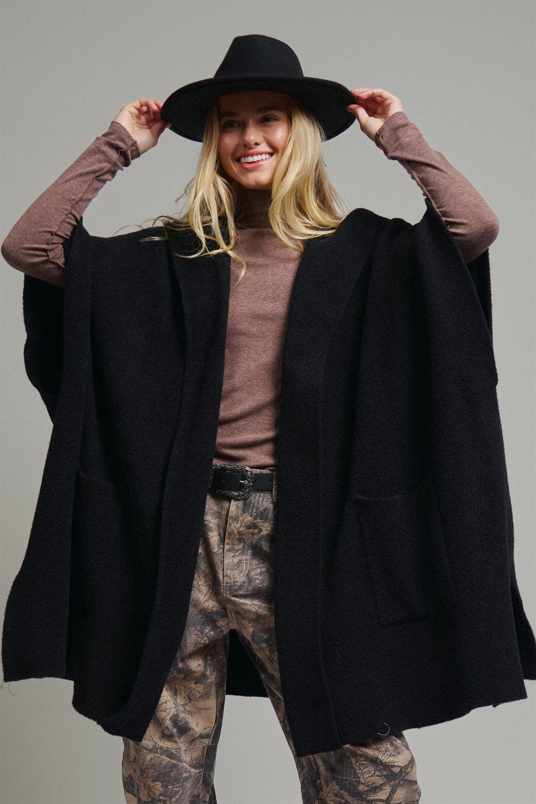 Oversized Wide Collar Open Front Poncho Cardigan in BLACK - Women's Cardigans & Shrugs | Urban Daizy