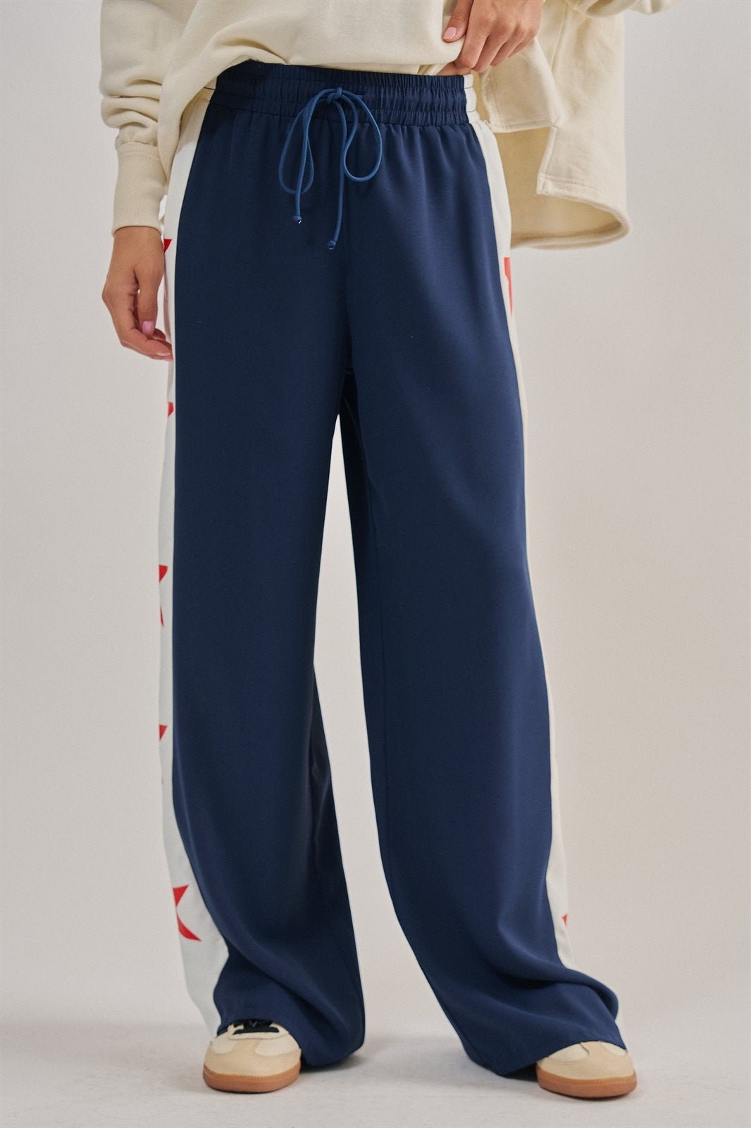 USA Star Side Stripe Wide-Leg Track Pants in NAVY - Women's Casual Pants | Urban Daizy
