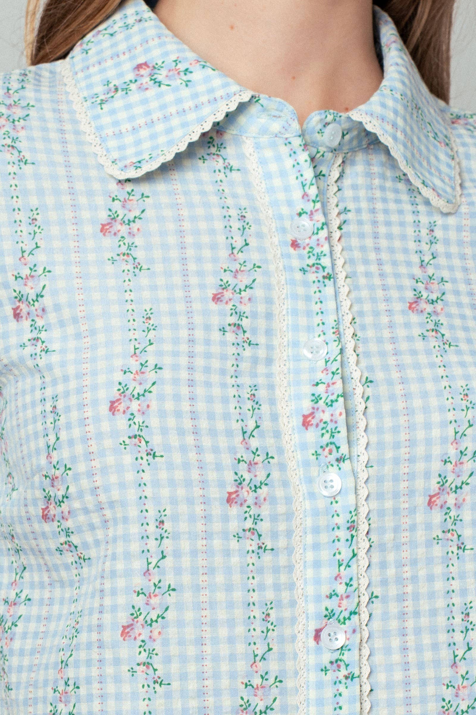 Gingham Floral Lace Trim Peter Pan Collar Shirt