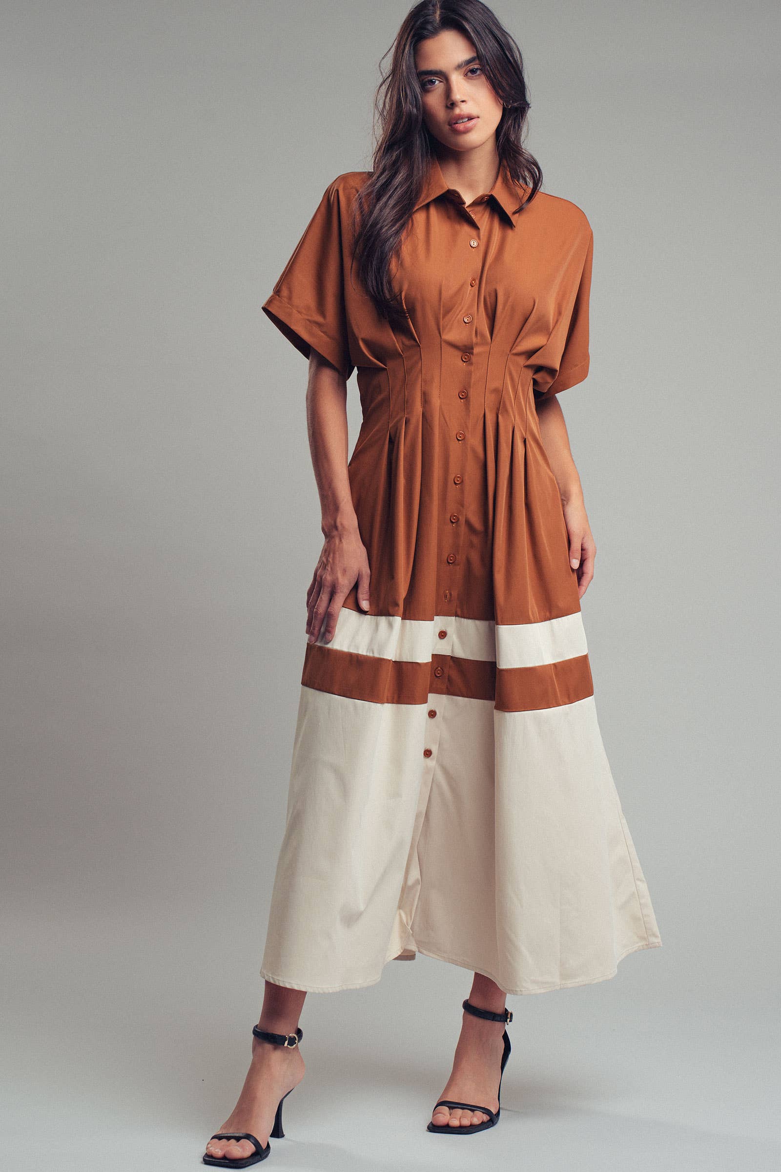 Colorblock Button-Up Cotton Midi Dress