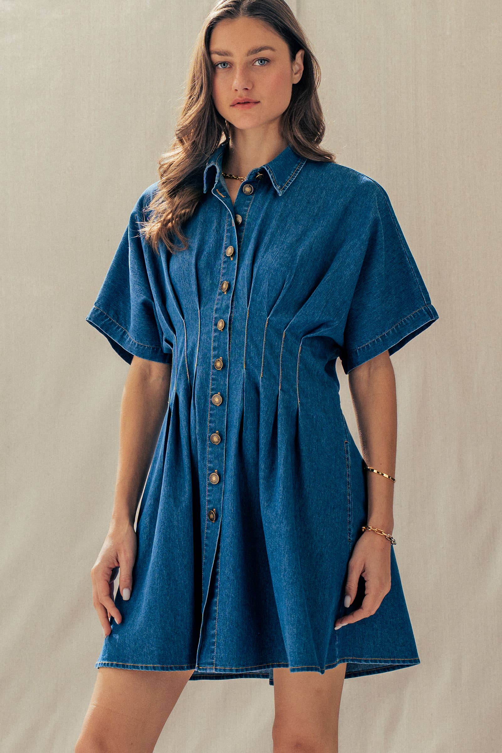 Tailored Waist Short Sleeve Denim Shirtdress