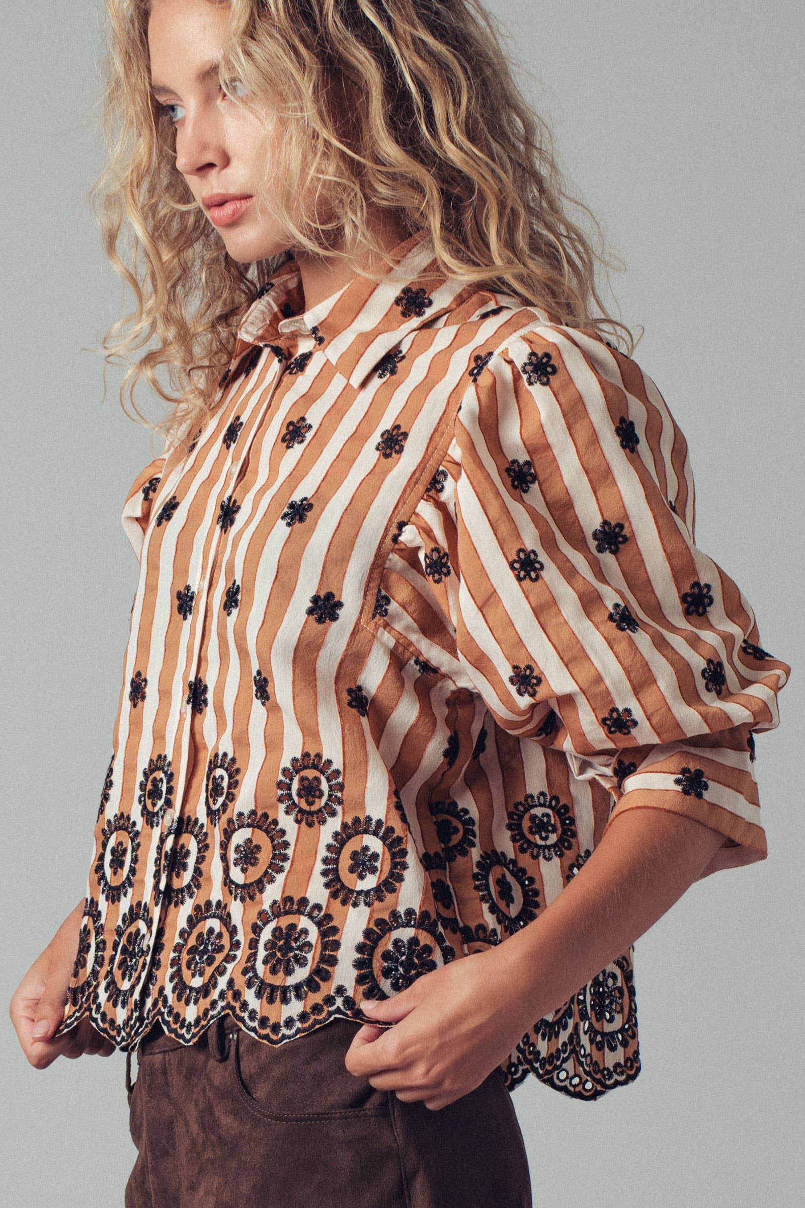 Urban Daizy Striped Floral Embroidered Scallop Blouse Olive Button Down Shirt - Women's (UDZ-TP-00953) – alternate view 11