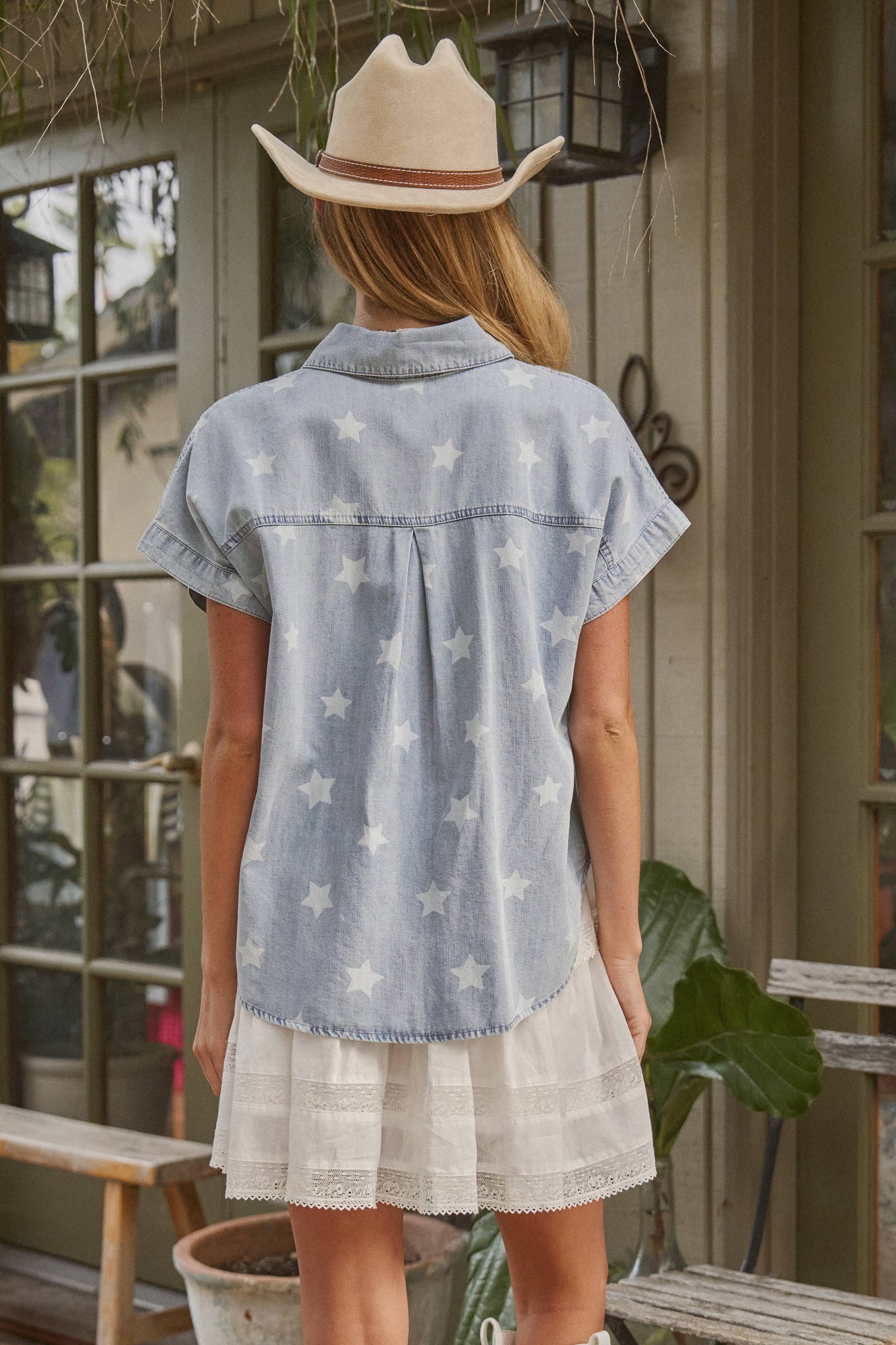 Star Print Chambray Short Sleeve Button Down