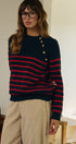Striped Mock Neck Sweater with Gold Button Shoulder in RED/NAVY - Women's Sweaters | Urban Daizy