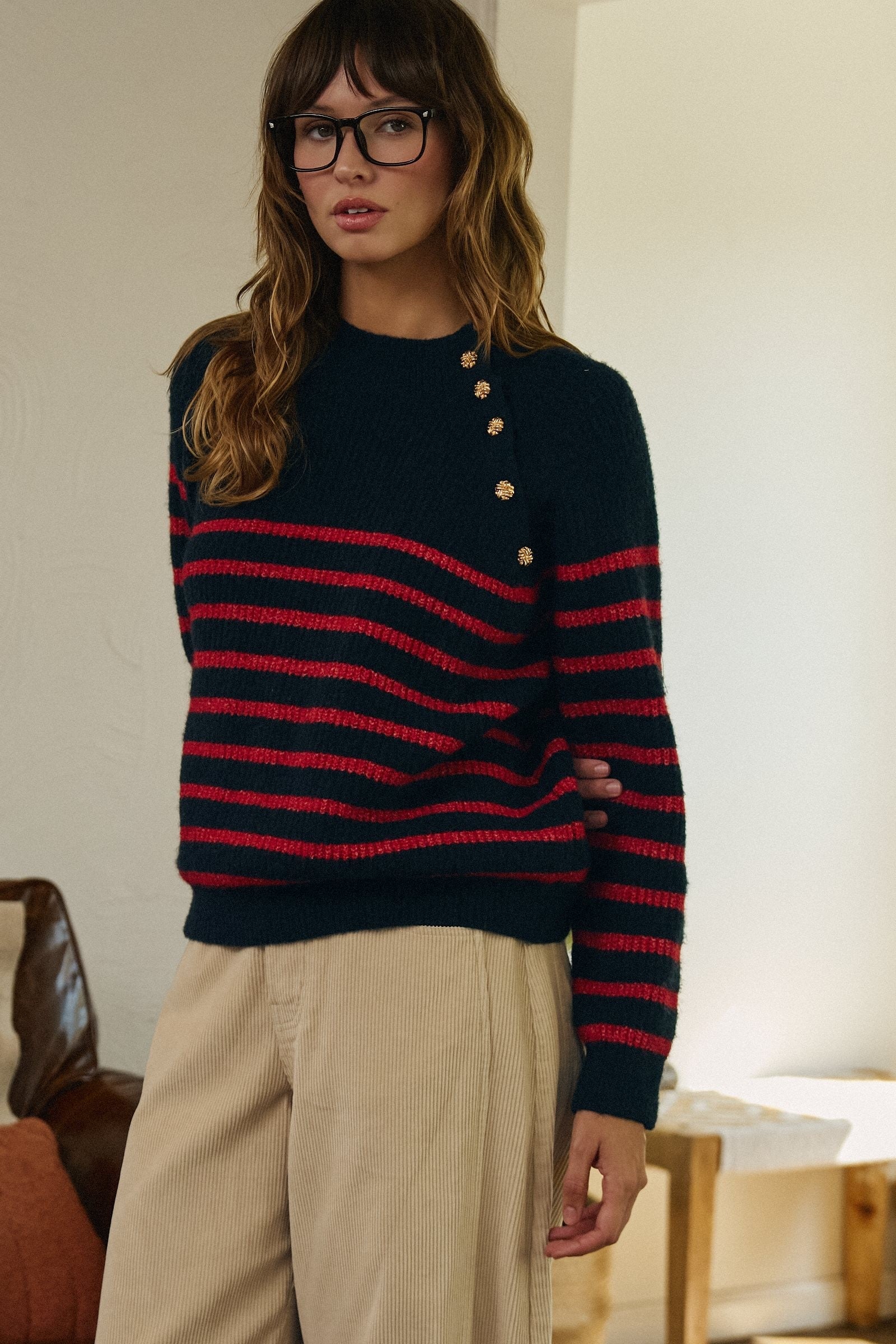 Striped Mock Neck Sweater with Gold Button Shoulder in RED/NAVY - Women's Sweaters | Urban Daizy