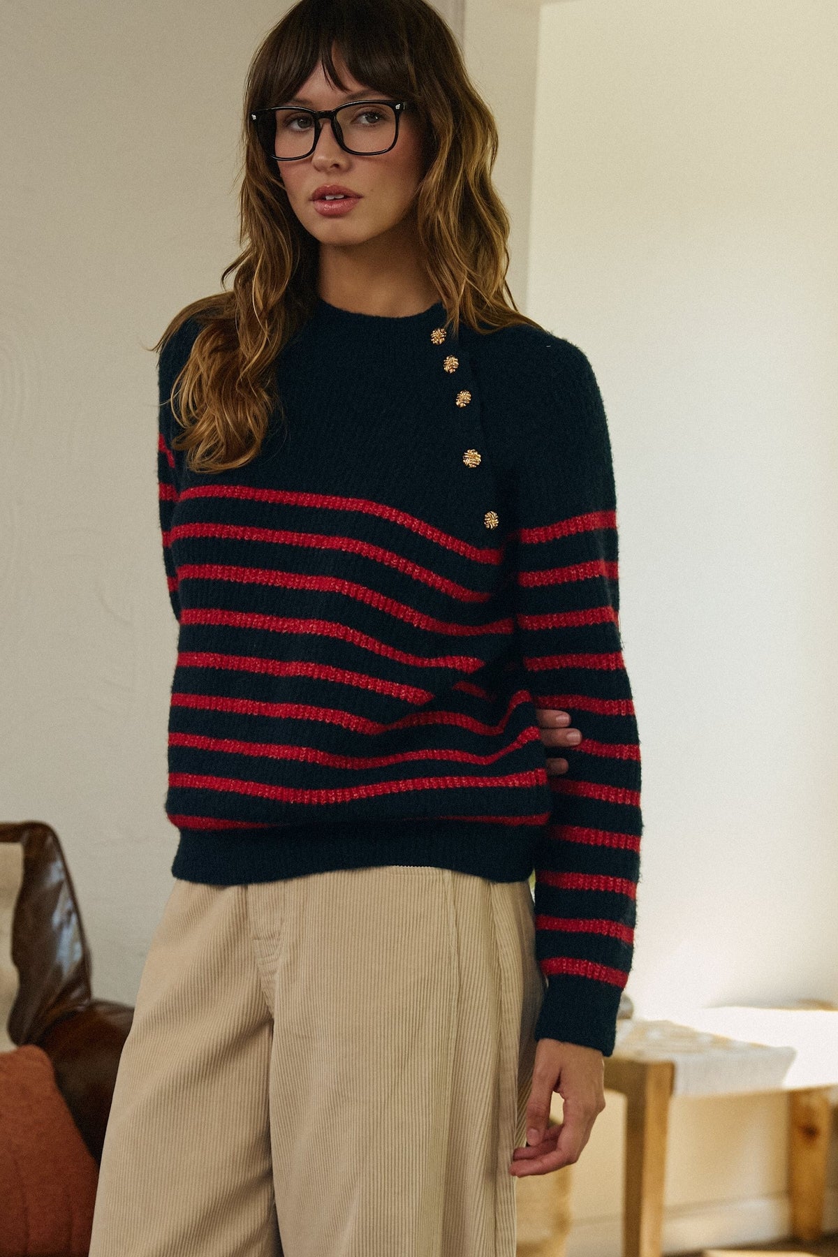 Striped Mock Neck Sweater with Gold Button Shoulder in RED/NAVY - Women's Sweaters | Urban Daizy