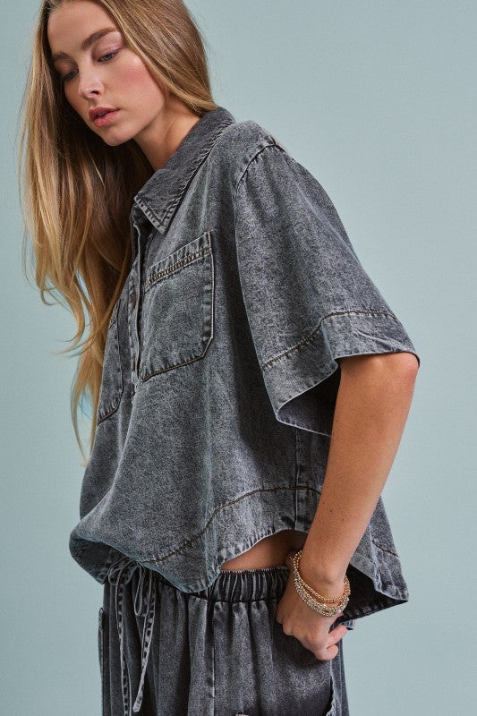 Washed Utility Half-Placket Cropped Shirt in BLACK - Women's Shirts & Blouses | Urban Daizy