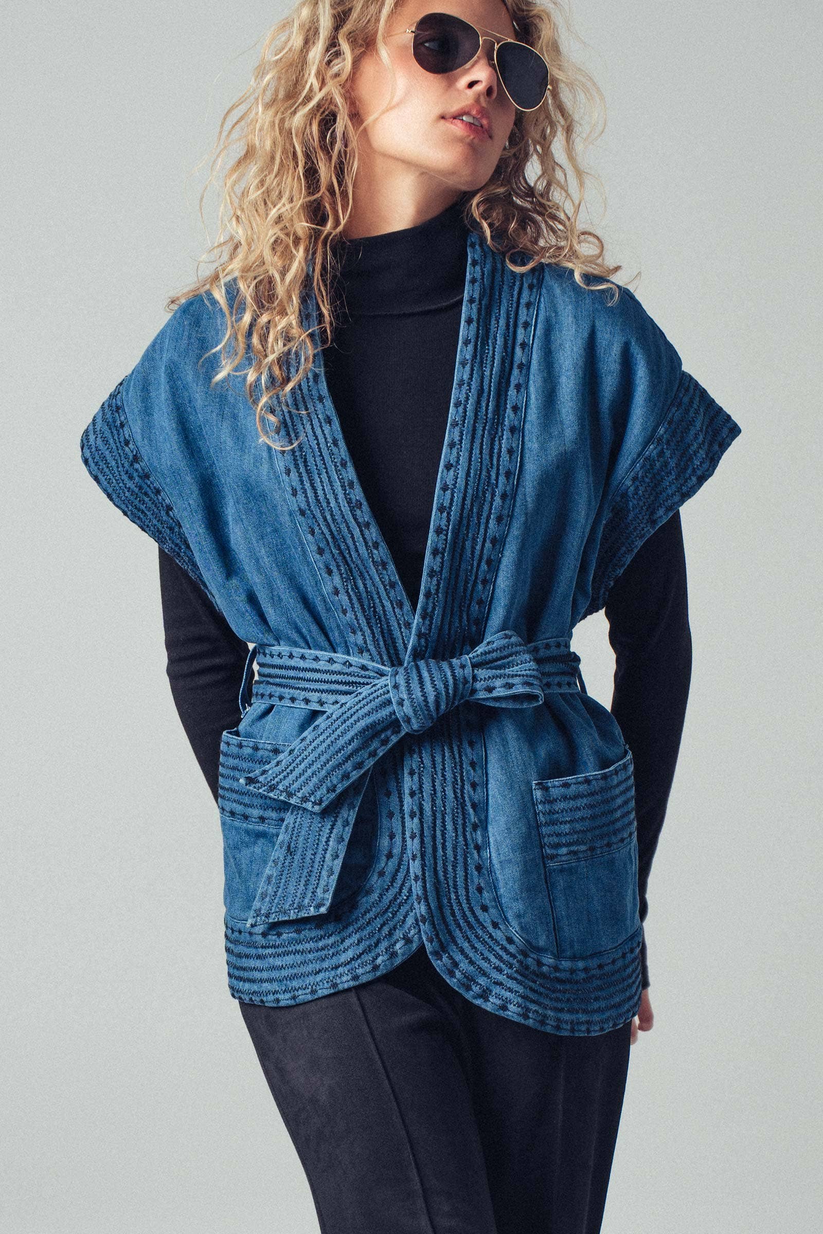 Washed Belted Denim Vest