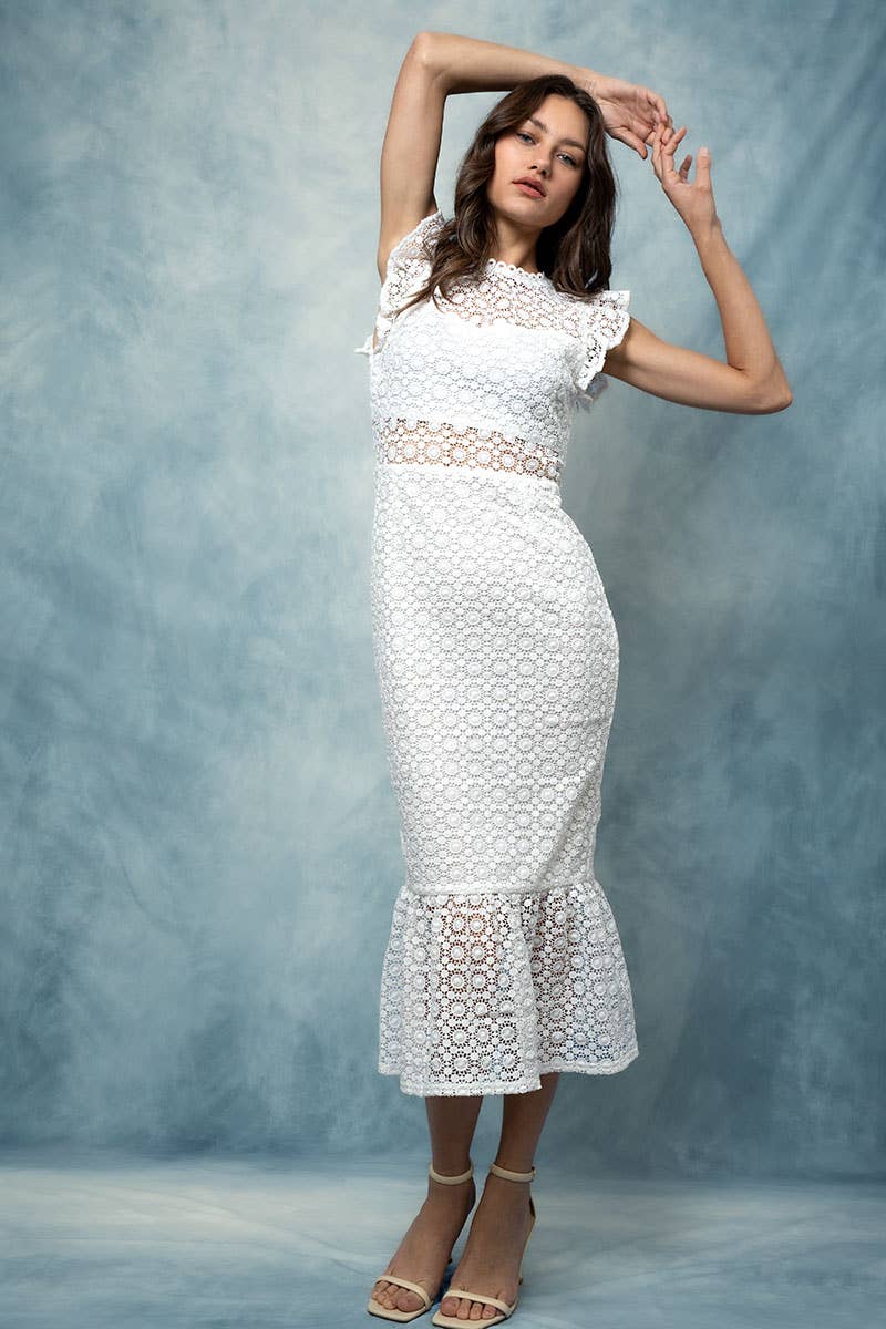 Urban Daizy White Lace Scalloped Ruffle-Sleeve Midi Dress White Dress - Women's (UDZ-DR-00345) – alternate view 6