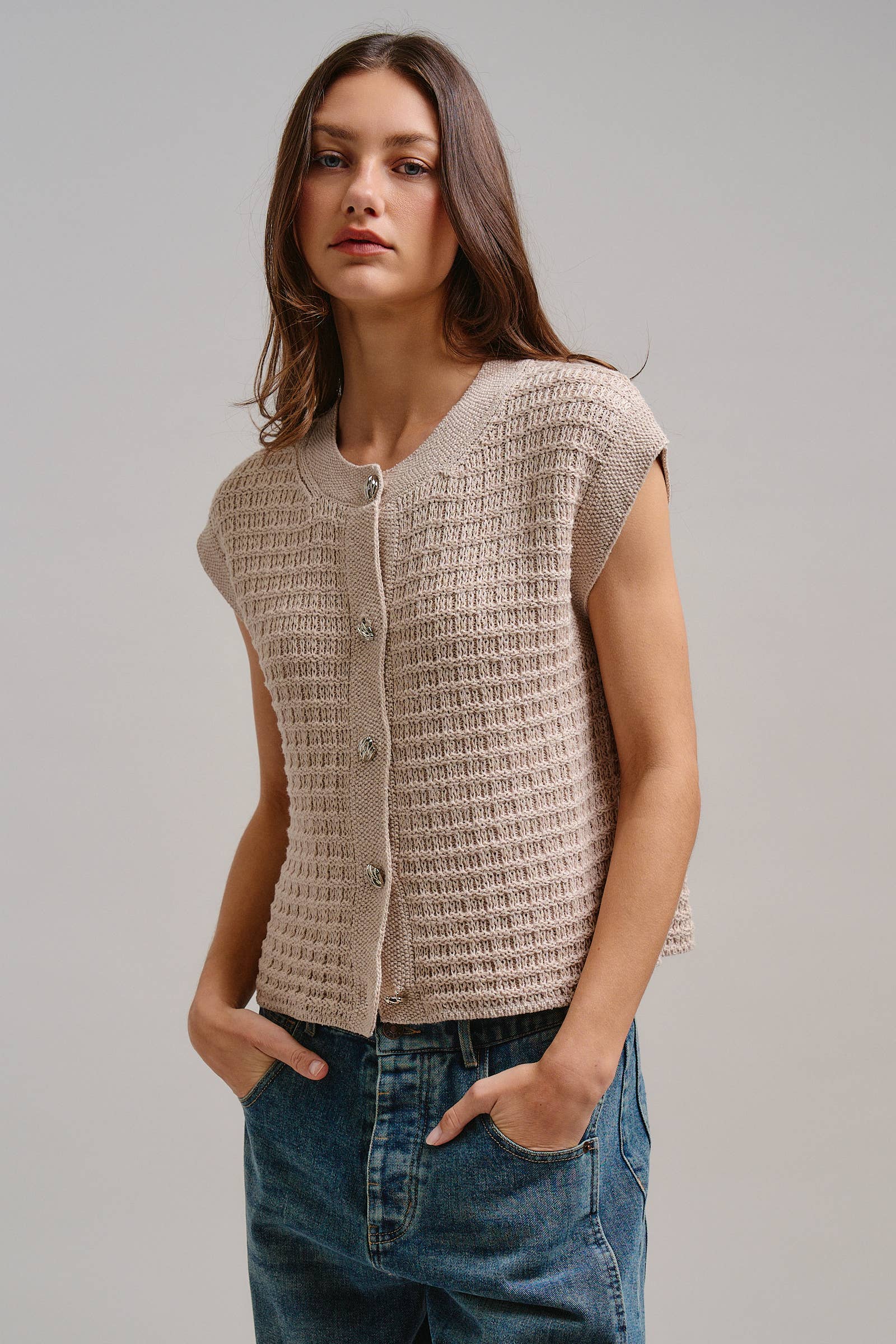 Textured Knit Button-Front Vest