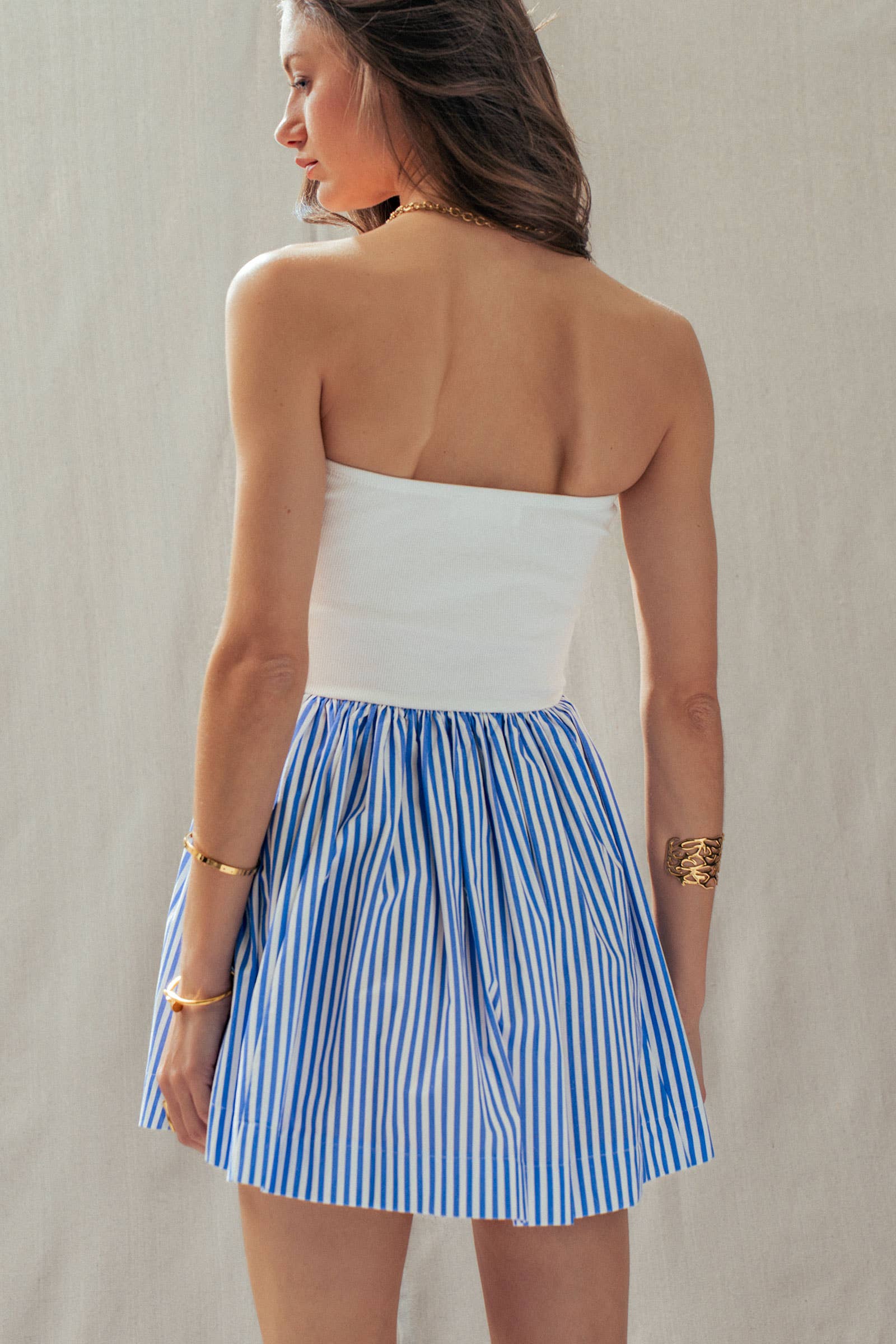 Urban Daizy Mixed Media Strapless Knit & Poplin Mini Dress Ivory-Blue Dress - Women's (UDDR0336-Ivory-Blue) – alternate view 14