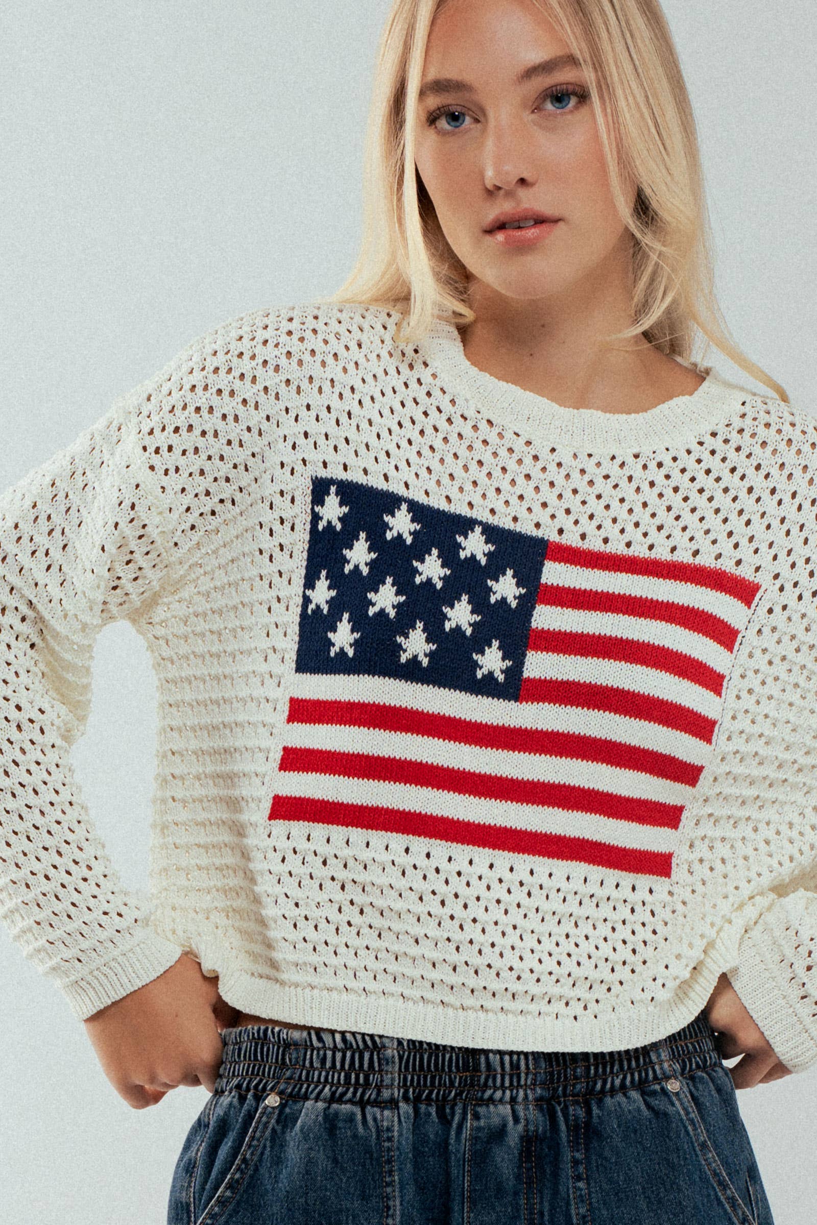 Urban Daizy Old American Flag Crochet Crewneck Sweater Ivory Knit Sweater - Women's (UDZ-KN-00502) – alternate view 3