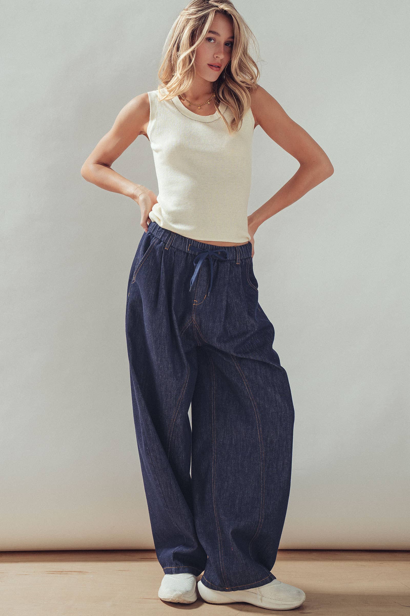 Drawstring Waist Dark Wash Barrel Leg Jeans