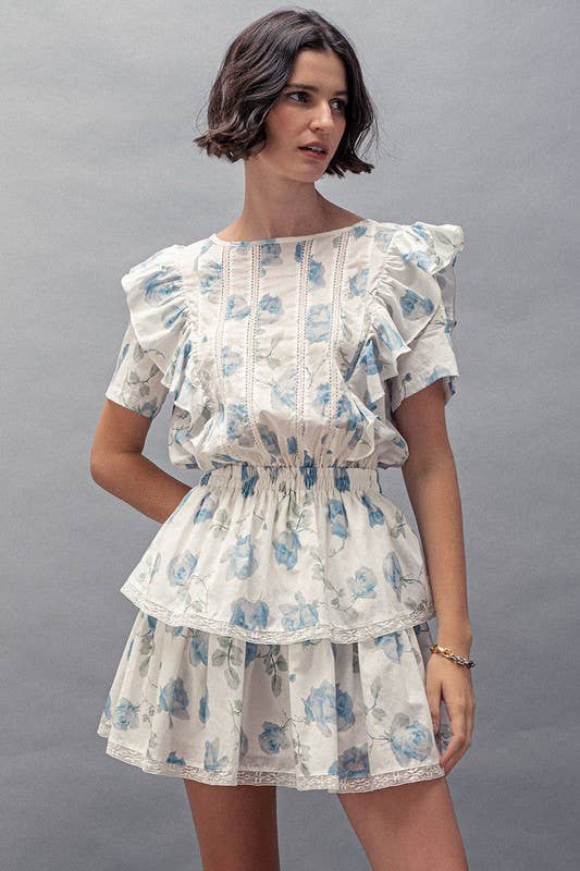 White Blue Floral Ruffle Sleeve Tiered Mini Dress