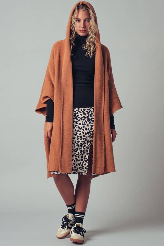 Oversized Cozy Hooded Open Front Knit Poncho