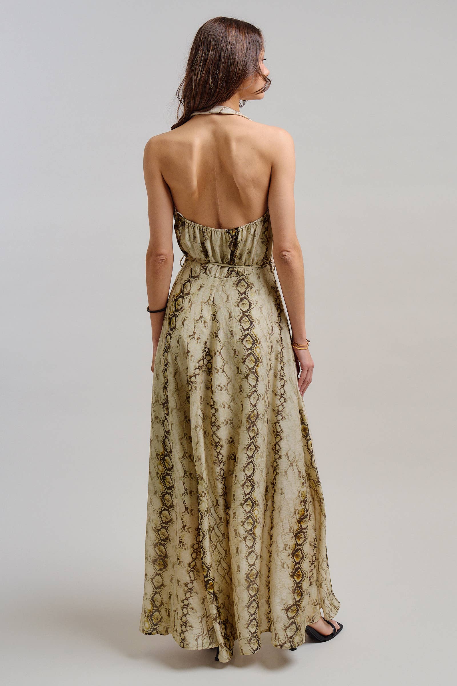 Snake Print Tencel Linen Halter Maxi Dress