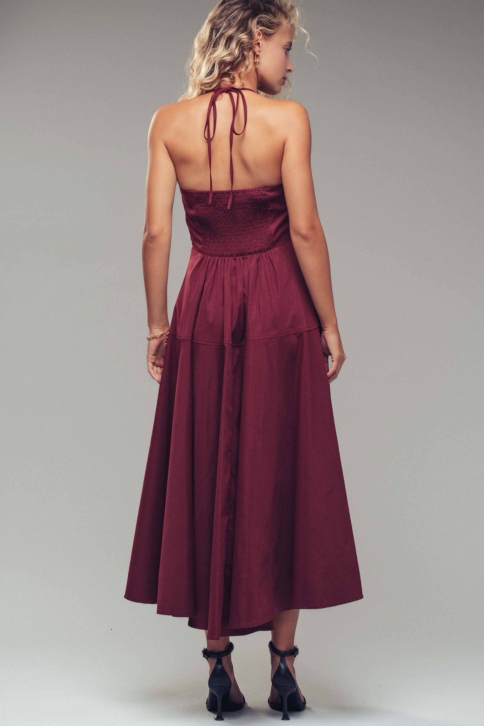 Halter Neck Smocked Back Full Skirt Midi Dress