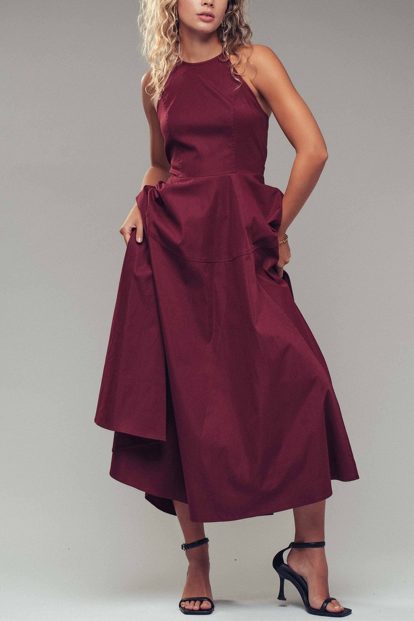 Halter Neck Smocked Back Full Skirt Midi Dress
