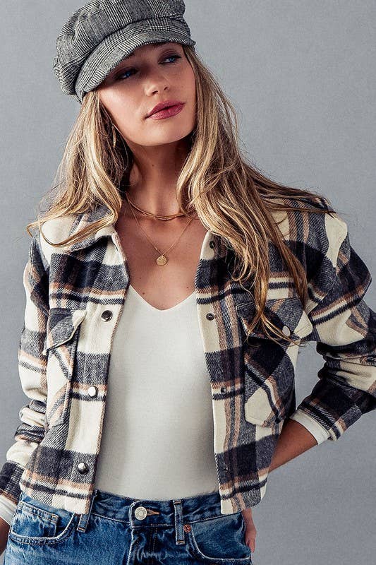 Urban Daizy BELLA SNAP BUTTON PLAID CROP JACKET Camel Jacket - Women's (UDZ-OT-00264) – alternate view 15