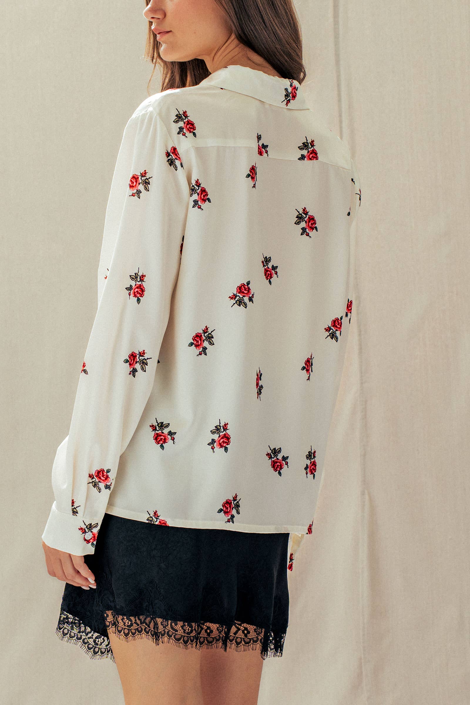 Rose Print Satin Button-Up Blouse