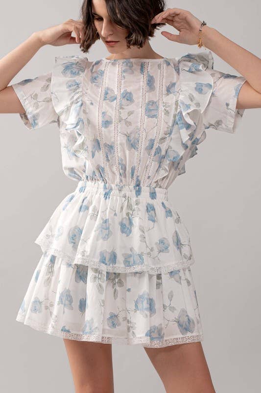 White Blue Floral Ruffle Sleeve Tiered Mini Dress